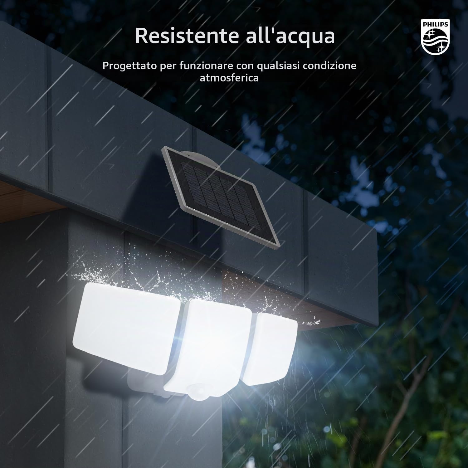 Philips Lampada di sicurezza solare 3600LM, impermeabile e dimmerabile con sensore di movimento LED per esterno, 3 teste orientabili con cavo da 5 m, pannello solare separato con 3 modalità