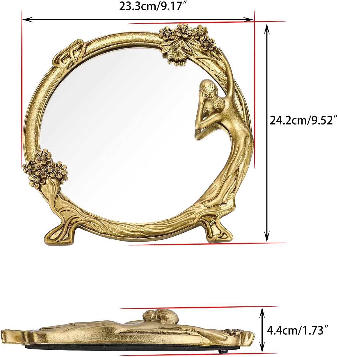 JUXYES Antique Gold Small Decorative Mirror for Wall and Desktop, Vintage Cosmetic Mirror with Beauty Golden Frame, Elegant European Wall Hanging Dressing Mirror Decor for Bathroom Bedroom