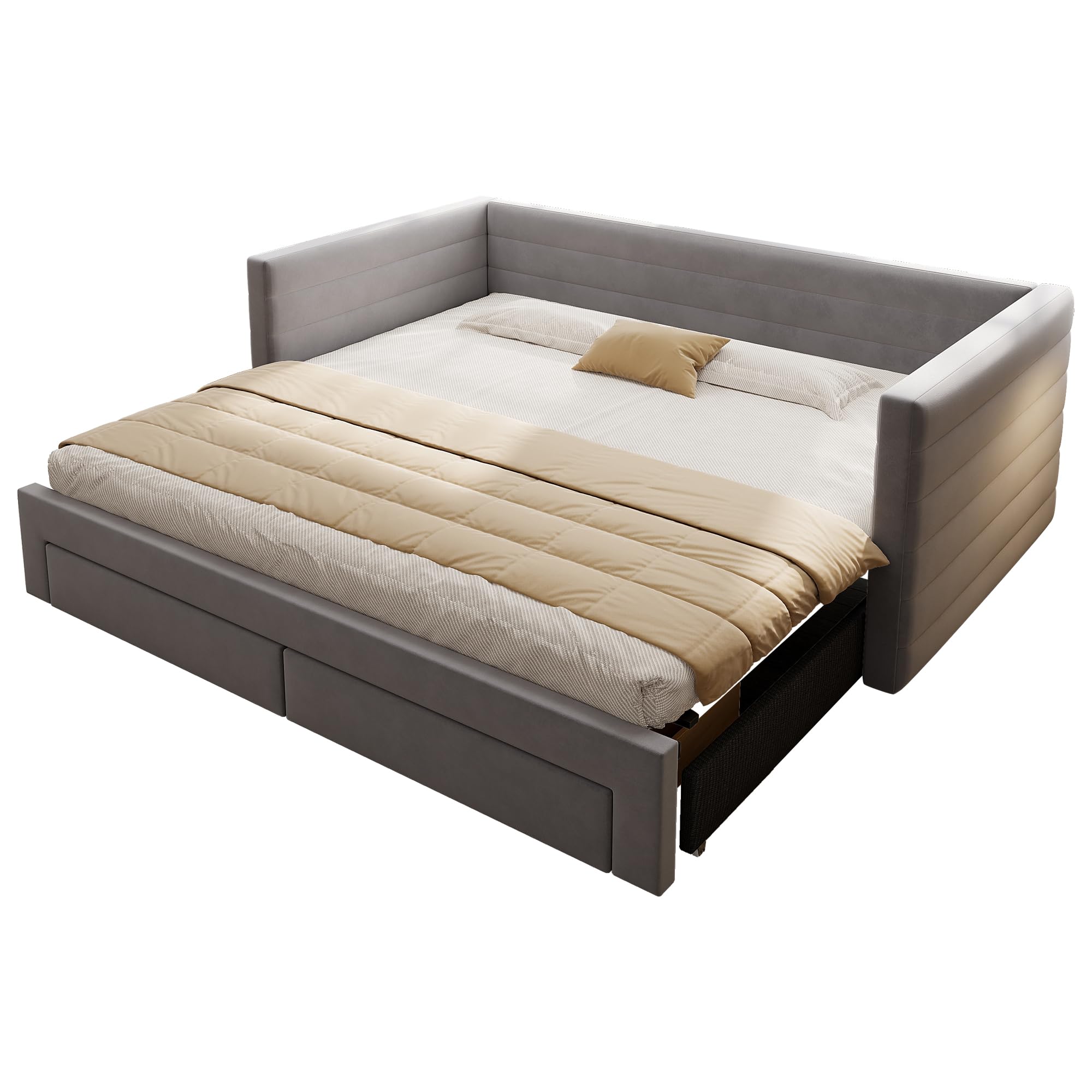 Soweiz Lettino imbottito 3 in 1 divano letto estraibile 90 x 190 cm, letto con cassetti, trasformabile in singolo/matrimoniale con rete a doghe, cotone e lino (senza materasso) (grigio)