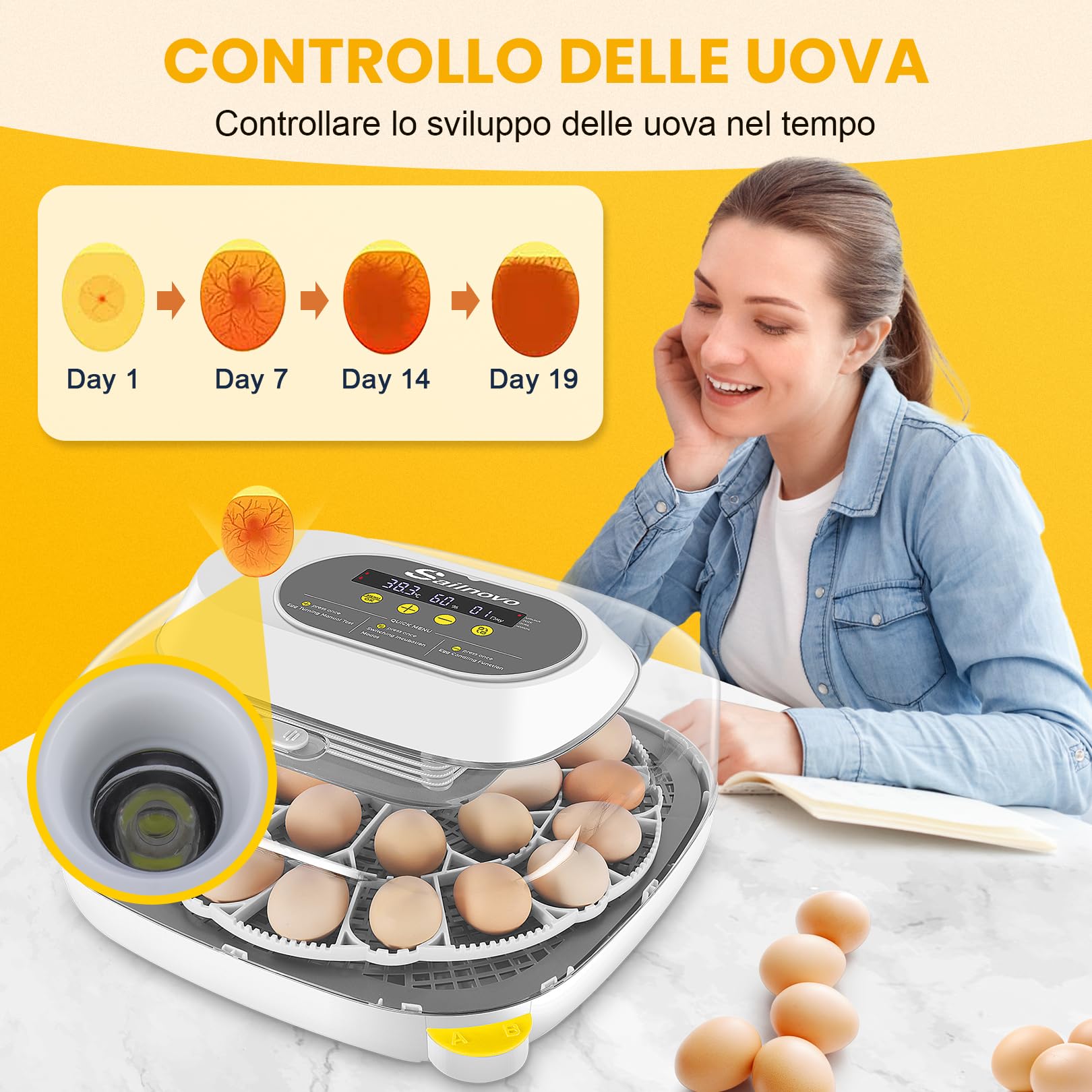 Sailnovo Incubatrice Per 24 Uova Automatica, Incubatrice Uova Gallina, 4 Modalità Incubatrice Con Rotazione Automatica Delle Uova e Controllo Della Temperatura ℉ Per Pollo e Quaglia (Grigio)
