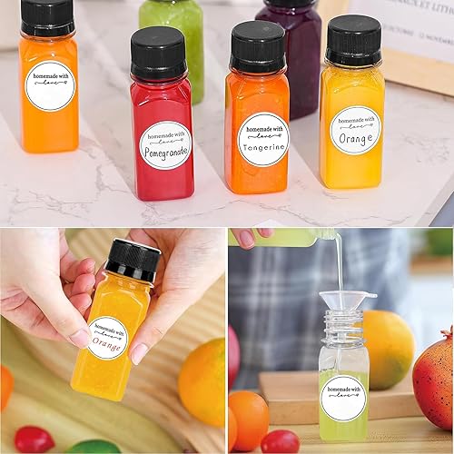 Miniatura 5 de Paquete de 10 botellas pequeñas de plástico para jugo de 2 onzas con tapas, 10 unidades, etiquetas, embudo y cepillo, mini botellas reutilizables de