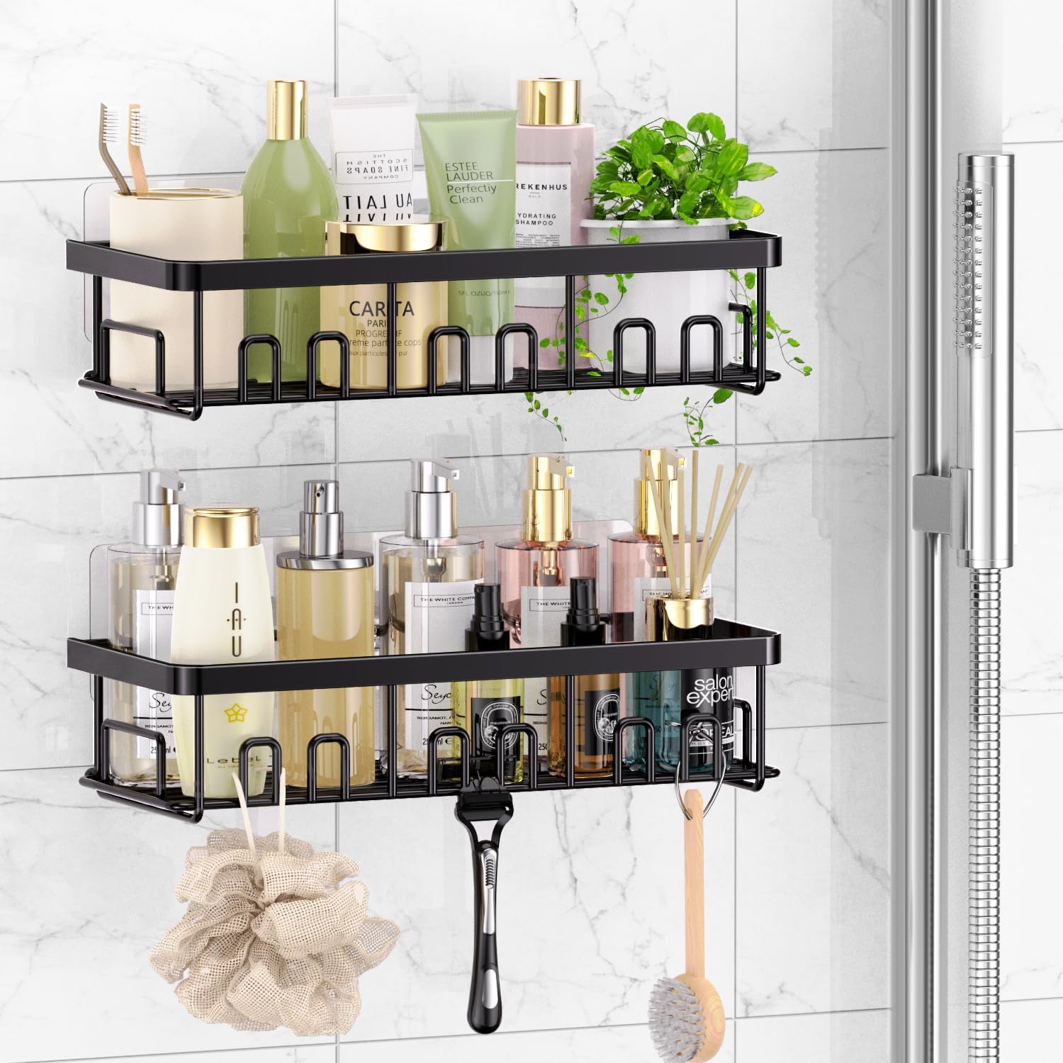 UEJZHDQ Corner Shower Caddy, Strong adhesive Shower Organizer Shelf with 8 Hooks