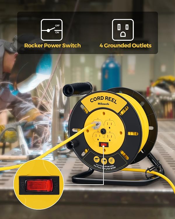 WILAWELS Extension Cord Storage Reel with 4-Grounded Outlets, 15A Circuit Breaker, Heavy Duty Open Cord Reel for 12/3,14/3,16/3 Gauge Power Cord, Hand Wind Retractable, ETL Listed, Yellow Y95CR06 by WILAWELS - Used condition - Image 4