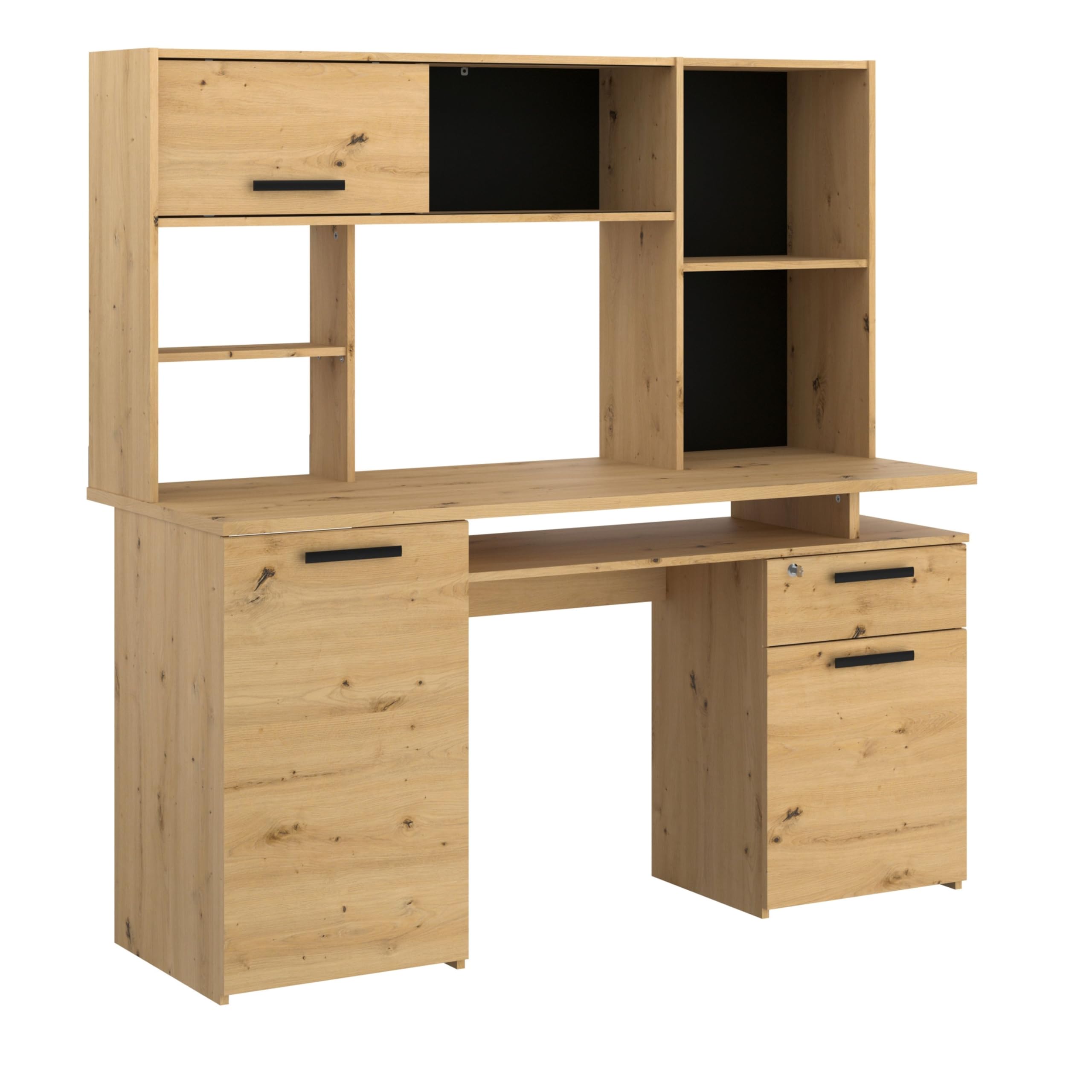 Miroytengo Escritorio para Habitación u Oficina Estilo Natural en Color Roble Claro con 3 Puertas, 1 Cajón y 3 Estantes
