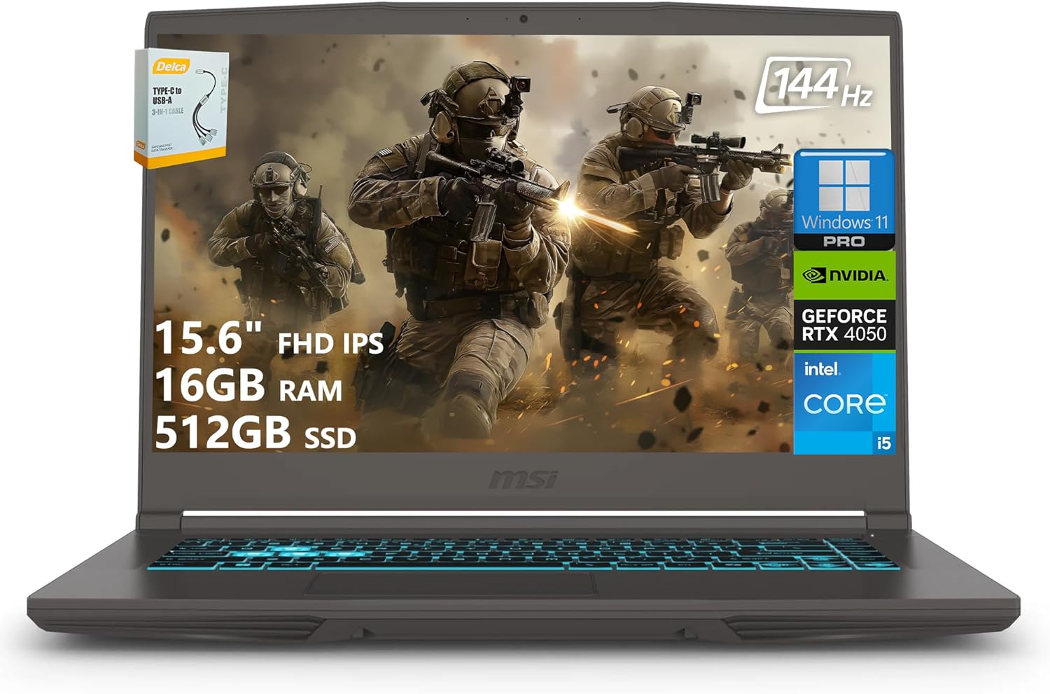 msi Thin 15 Gaming Laptop | 15.6" FHD IPS 144Hz | Intel 8-Core i5-13420H (> i7-12650H) | 16GB RAM 512GB SSD | GeForce RTX 4050 6GB | Type-C Backlit Keyboard Wi-Fi 6E Win11 Pro w/DLCA Accessory 16GB RAM I 512GB SSD Win11 Pro - Image 1 of 9