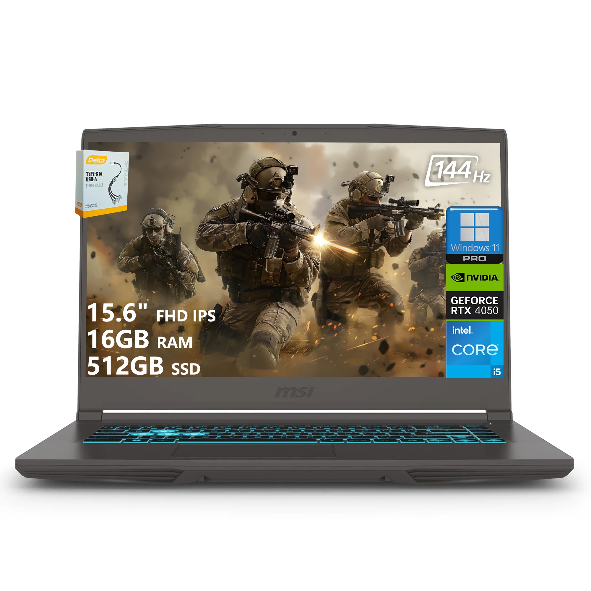 msi Laptop delgada para juegos 15 | 15.6 pulgadas FHD IPS 144Hz | Intel 8-Core i5-13420H (> i7-12650H) | 16GB RAM 512GB SSD | GeForce RTX 4050 6GB | Teclado retroiluminado tipo C Wi-Fi 6E Win11 Pro