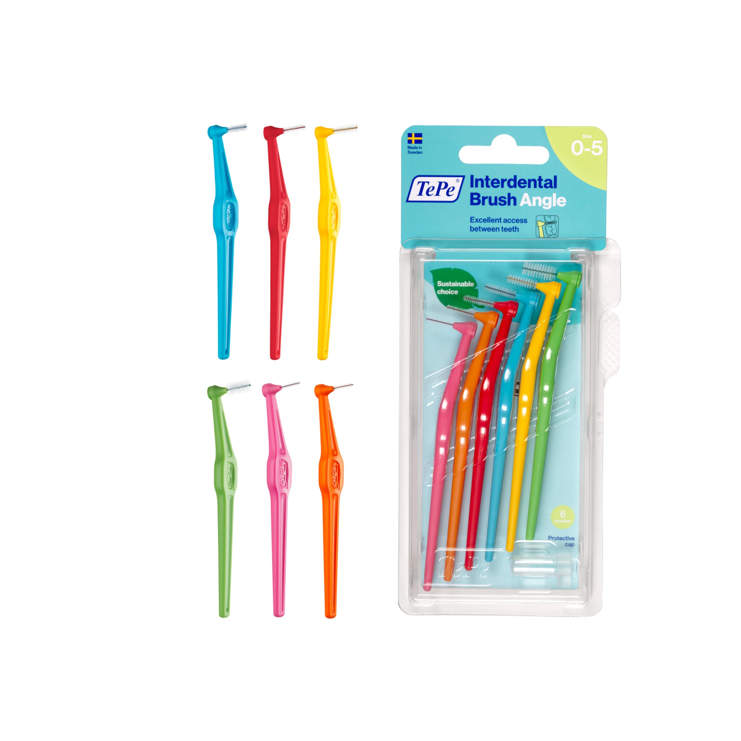 TePe Angle Interdental Brush, 6-Piece Blister Pack, Assorted, Pink-Green, 4S-L [Genuine]
