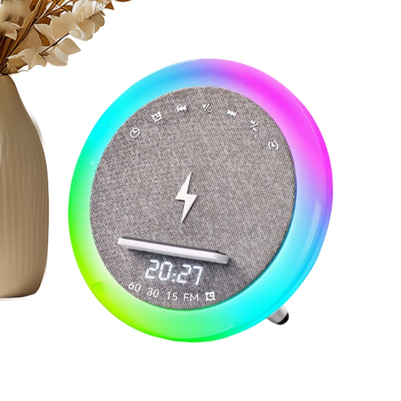 Support de téléphone portable avec enceinte sans fil et réveil bruit blanc anti-stress