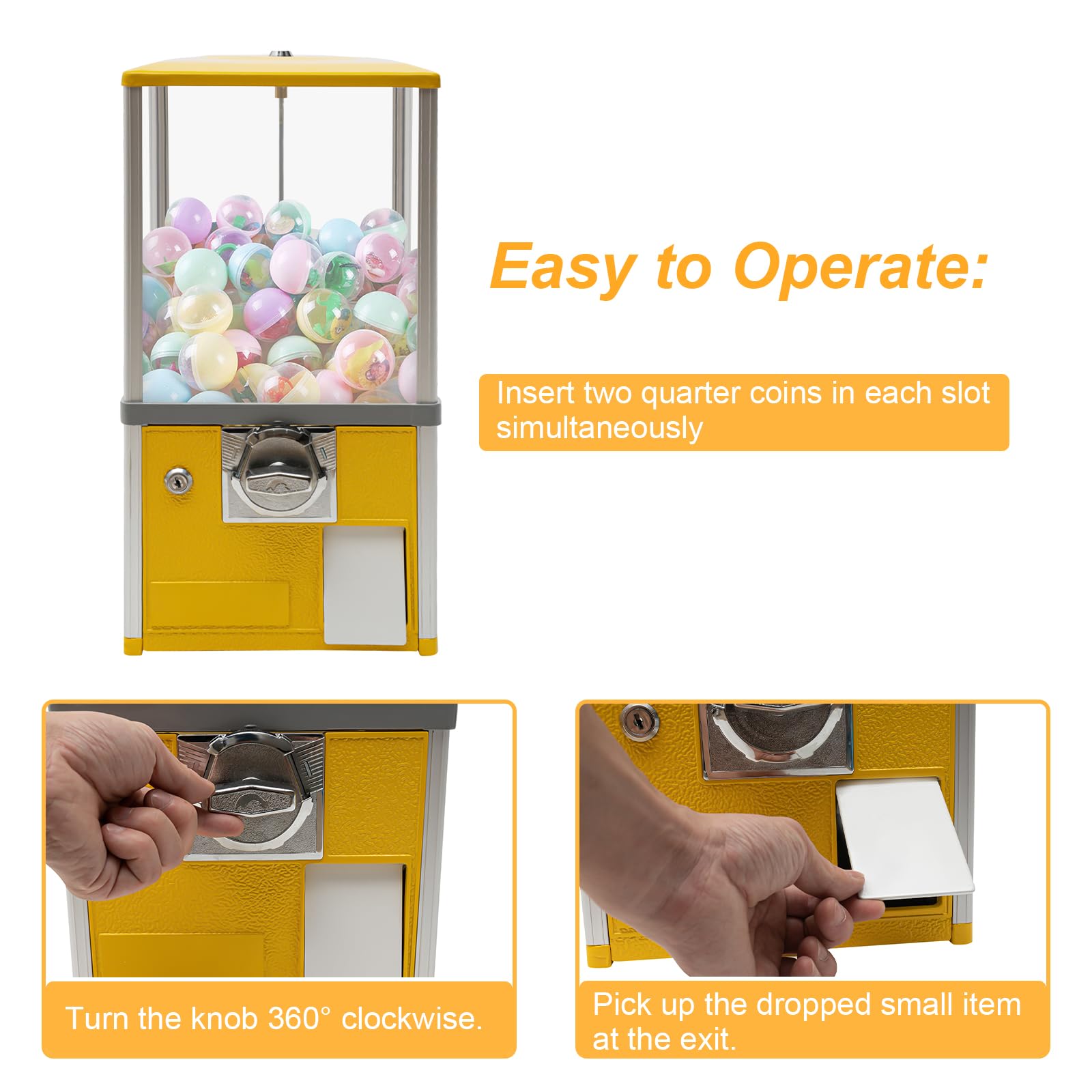 LIYUANJUN Yellow Vending Machine, Commercial Vending Machine for 25 Cent Coins Pinballs Round Capsules Bouncy Balls Prize Candy Machine Gumball Vending Device 11.42 * 10.24 * 20.87 Inch