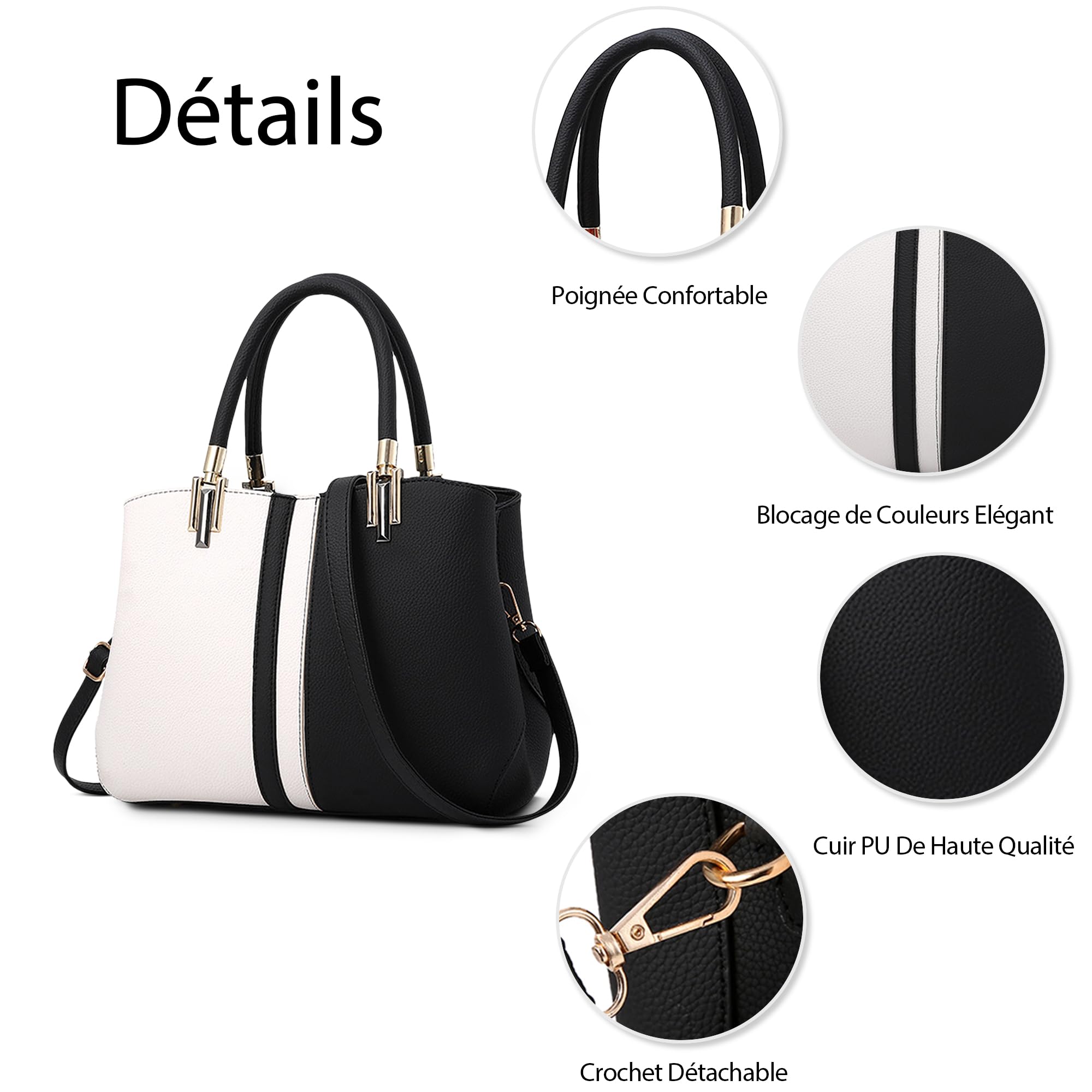 Elégant Sac à Main Femme Sac Fourre Tout Épissage Sac à Bandoulière Dames Sacs Portés Epaule PU Cuir Sac Tote Travail Achats Fête Voyage Sac de Cours Noir