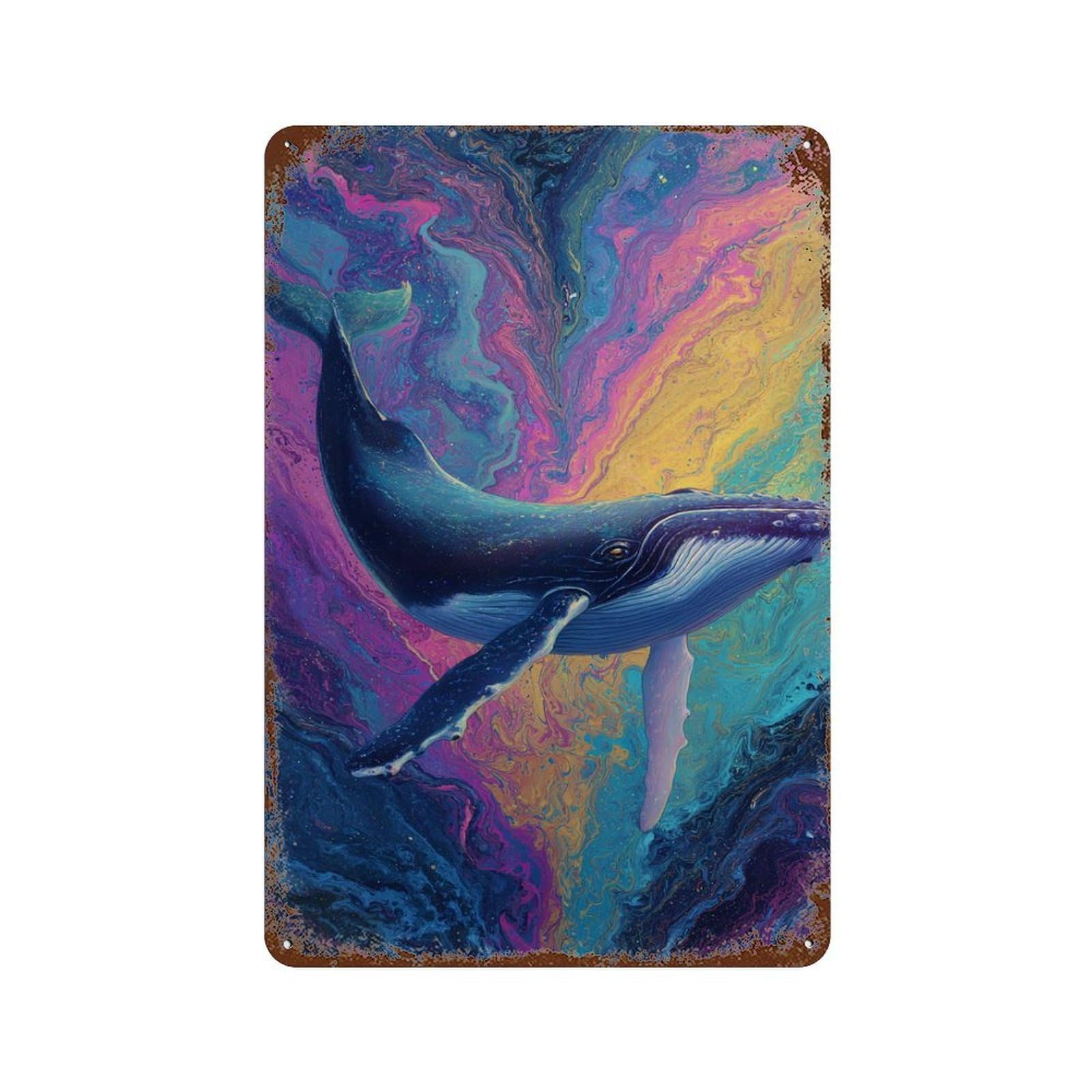 Decorative Tin Sign with Whale in Colorful Ocean Design 11.8"x7.9", for Garage, Bar And Workshop Decor, Farmhouse Wall Decor