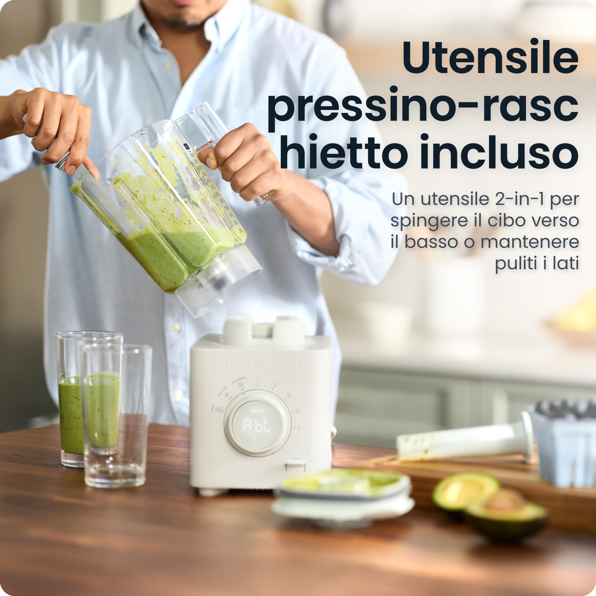 Chefman Obliterator 1.2L 1350W Frullatore Smoothie, Trita Ghiaccio, Noci e Frutta Congelata, Lama in Acciaio Inox, Funzione Auto Mix, Con Barattolo da Viaggio da 600ml – Grigio Cemento