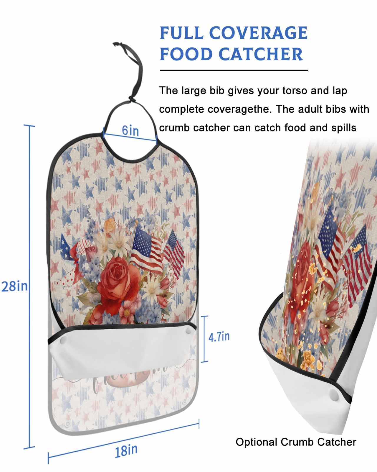 Adult Bibs for Elderly Women - 4th of July Blue Red Waterproof Dining Clothing Protectors with Crumb Catcher for Eating/Feeding, Star Watercolor Floral American Flag Terry Cloth Bib Machine Washable