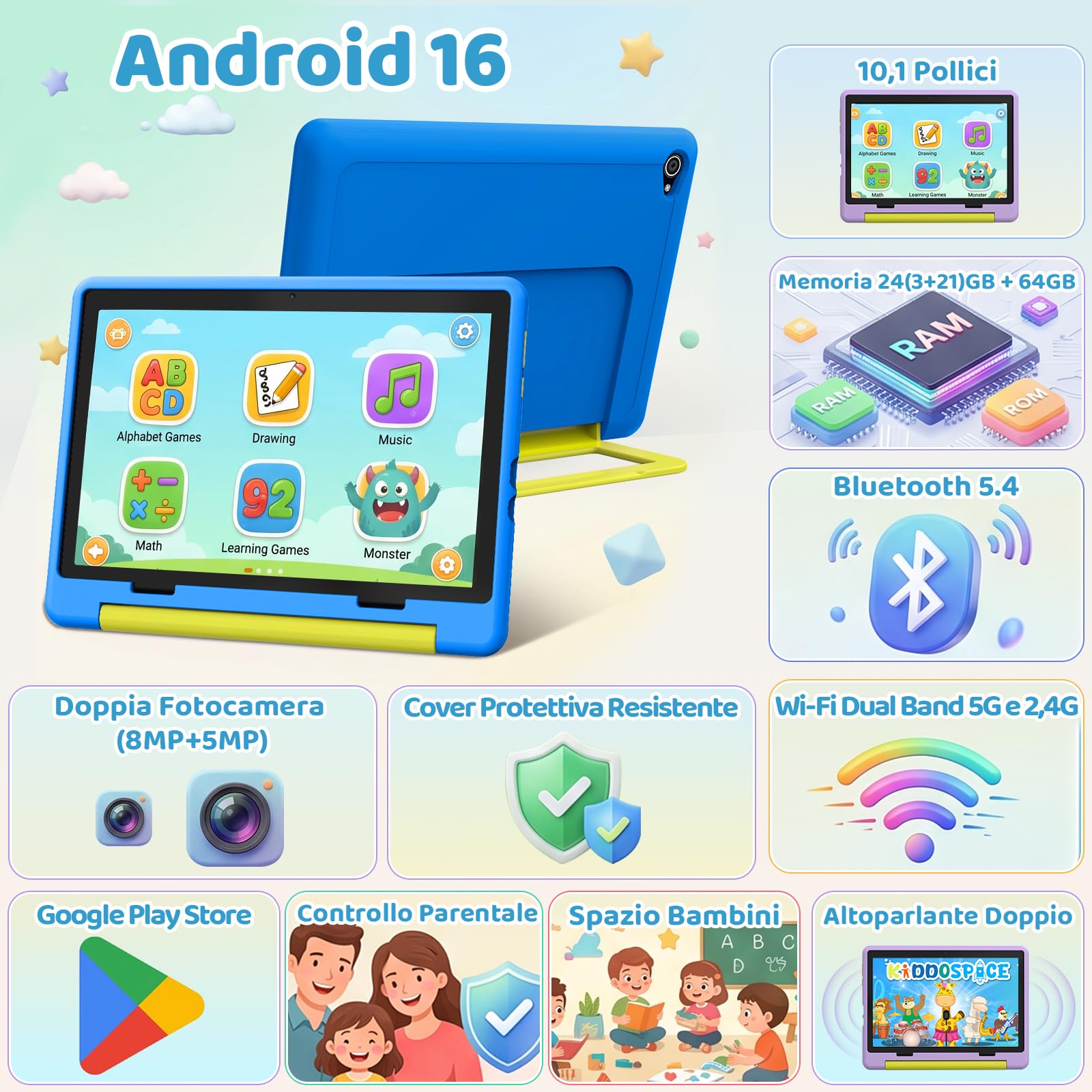 Gleeso Tablet Bambini | Android 16 Tablet per Bambini 10 Pollici, Kids Tablet | 24GB+1TB TF | Controllo Parentale | 8MP Fotocamera | WiFi 6/BT 5.3, Tablet con Custodia Protettiva - Blu