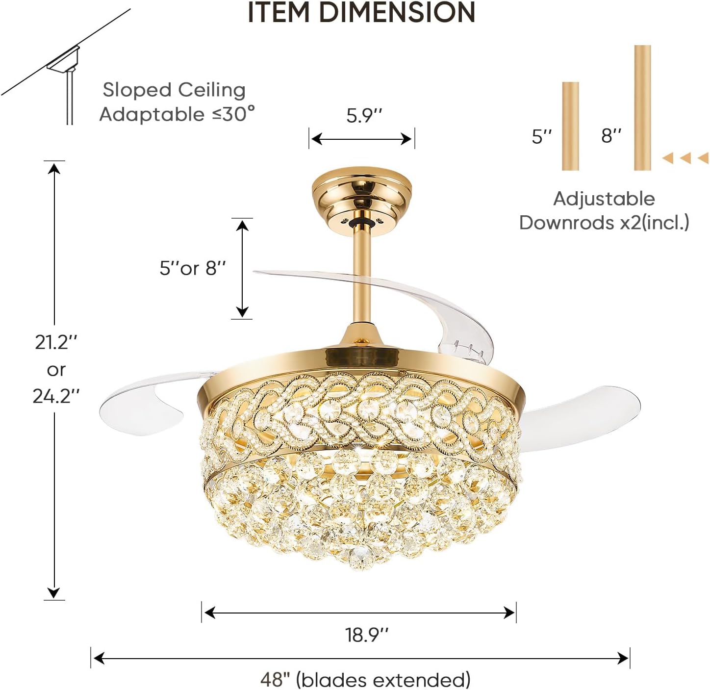TXCSLY 48“ Crystal Fandelier Ceiling Fan with Light, Retractable Ceiling Fans Chandelier Fan with Retractable Blades Dimmable Crystal Ceiling Fan Chandelier Fans for Bedroom Living Room-Gold
