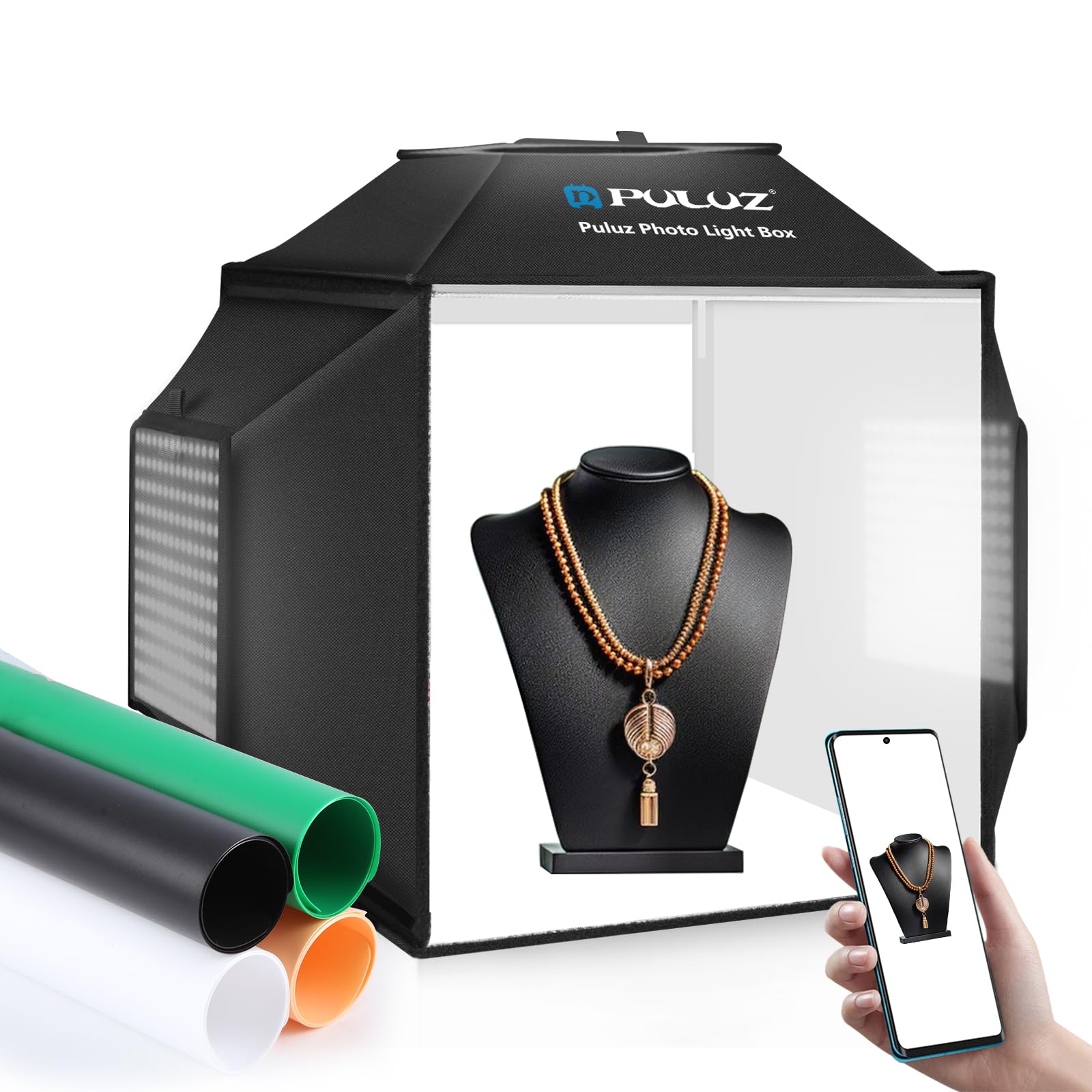 PULUZ 40 cm, scatola fotografica, Softbox per studio fotografico, tenda luminosa, 5500 K, kit di illuminazione fotografica, con 4 colori sfondi