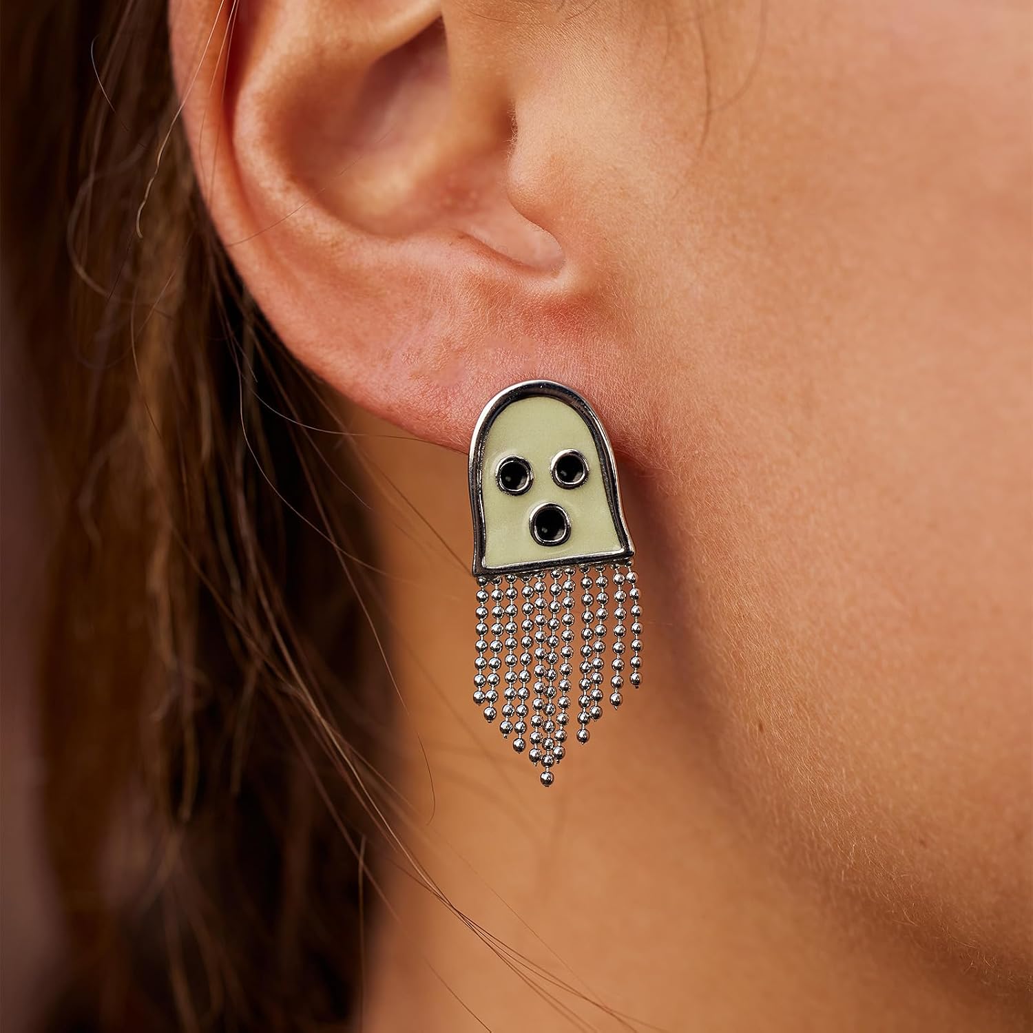 Pura Vida Ghost Emoticon Glow in the Dark Stud Earrings - Halloween Earrings for Women, Silver Dangle Earrings - Halloween Jewelry, Cute Earrings - Silver/Black