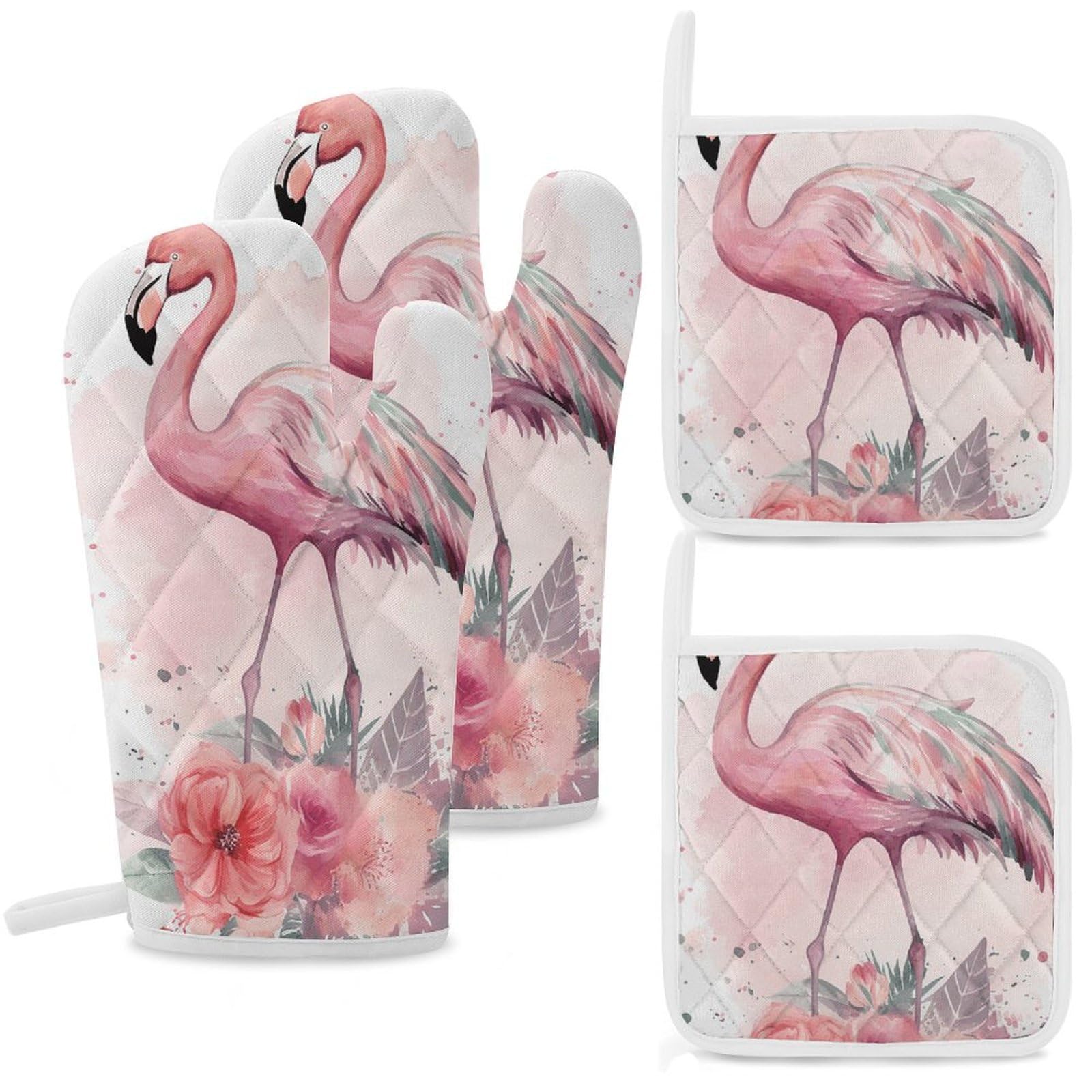 Gants de cuisine et maniques bohèmes flamants roses (lot de 4) résistants à la chaleur