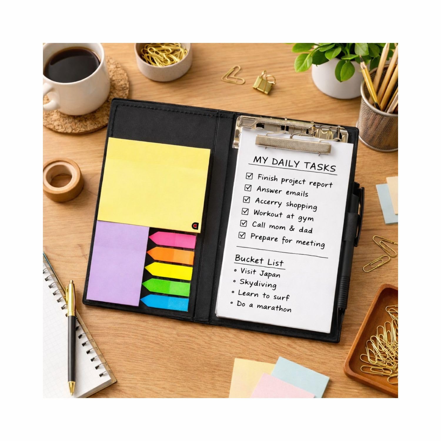 COI Desk Organizer Gift Set – Sticky Notes, Memo Pads, Pen & Note Holder for Office, School, Home | Compact Stationery Organizer for Desk (White)