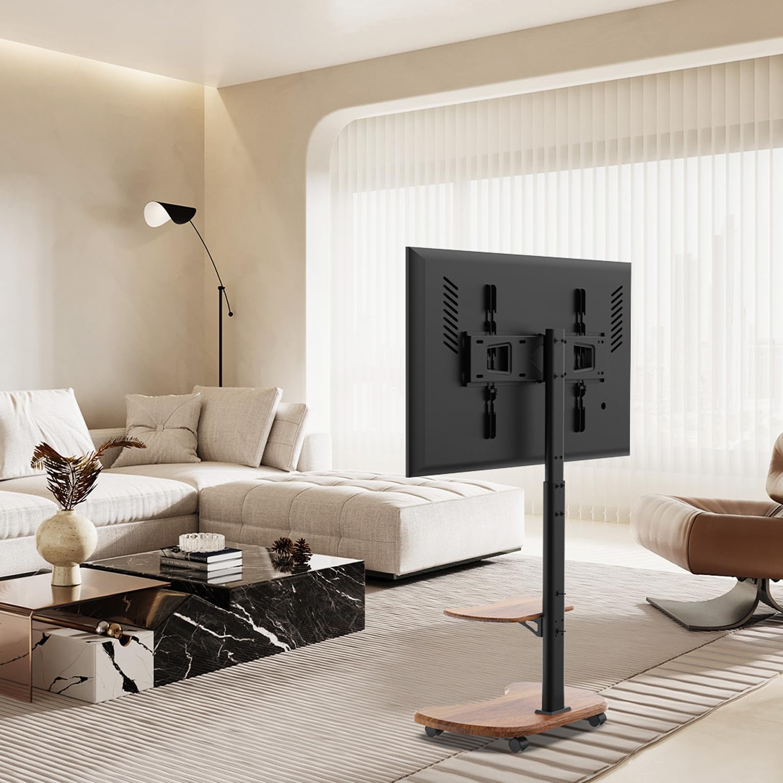 Stellar TV Ständer Rollbar mit Holzregal - höhenverstellbar schwenkbar TV Rollwagen für 32-70 Zoll Fernseher bis 45 kg - Universal TV Standfuss max VESA 600x400