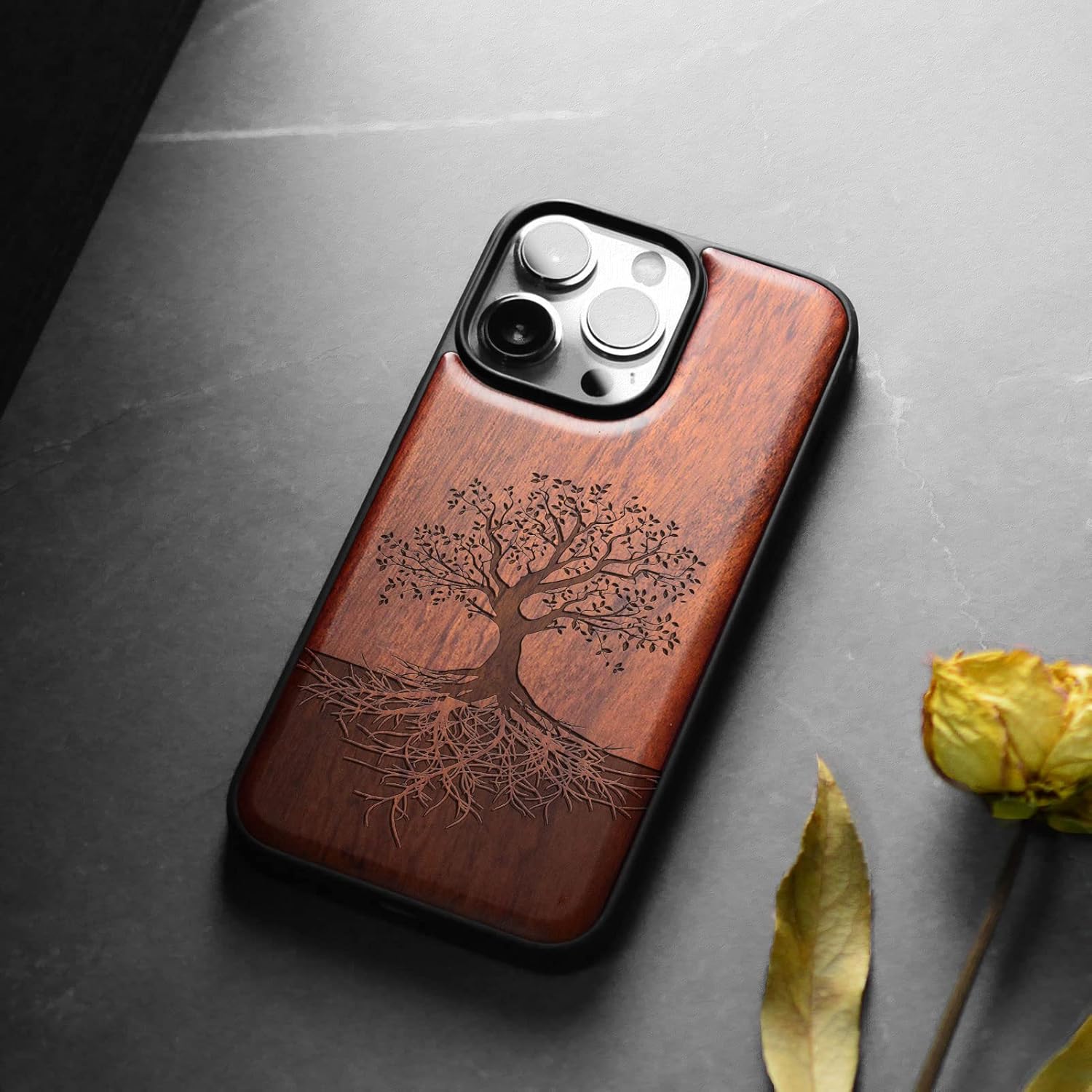 Carveit Magnetic Wood Case for iPhone 14 Pro Max [Natural Wood & Black Soft TPU] Unique & Classy Wooden Shockproof Protective Cover Compatible with magsafe (Tree with Roots -Rosy)