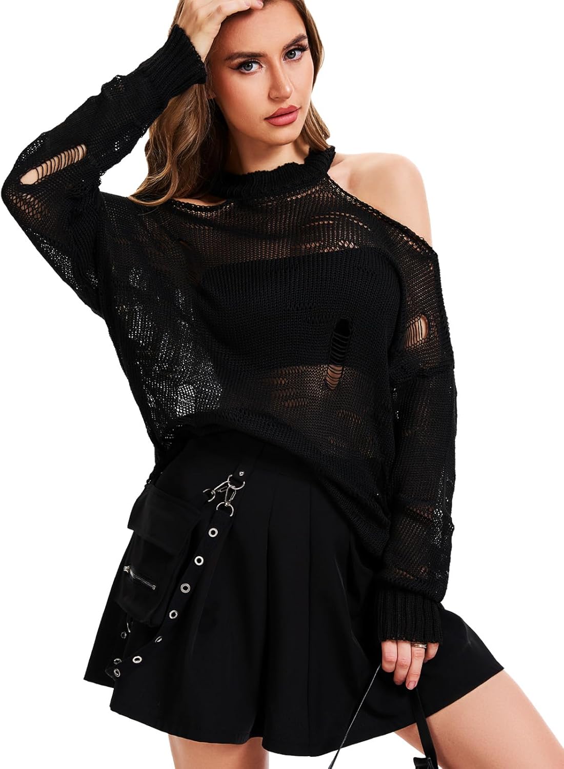 Womens Distressed Off Shoulder Sweater See Through Long Sleeve Knit Tops - Image 2