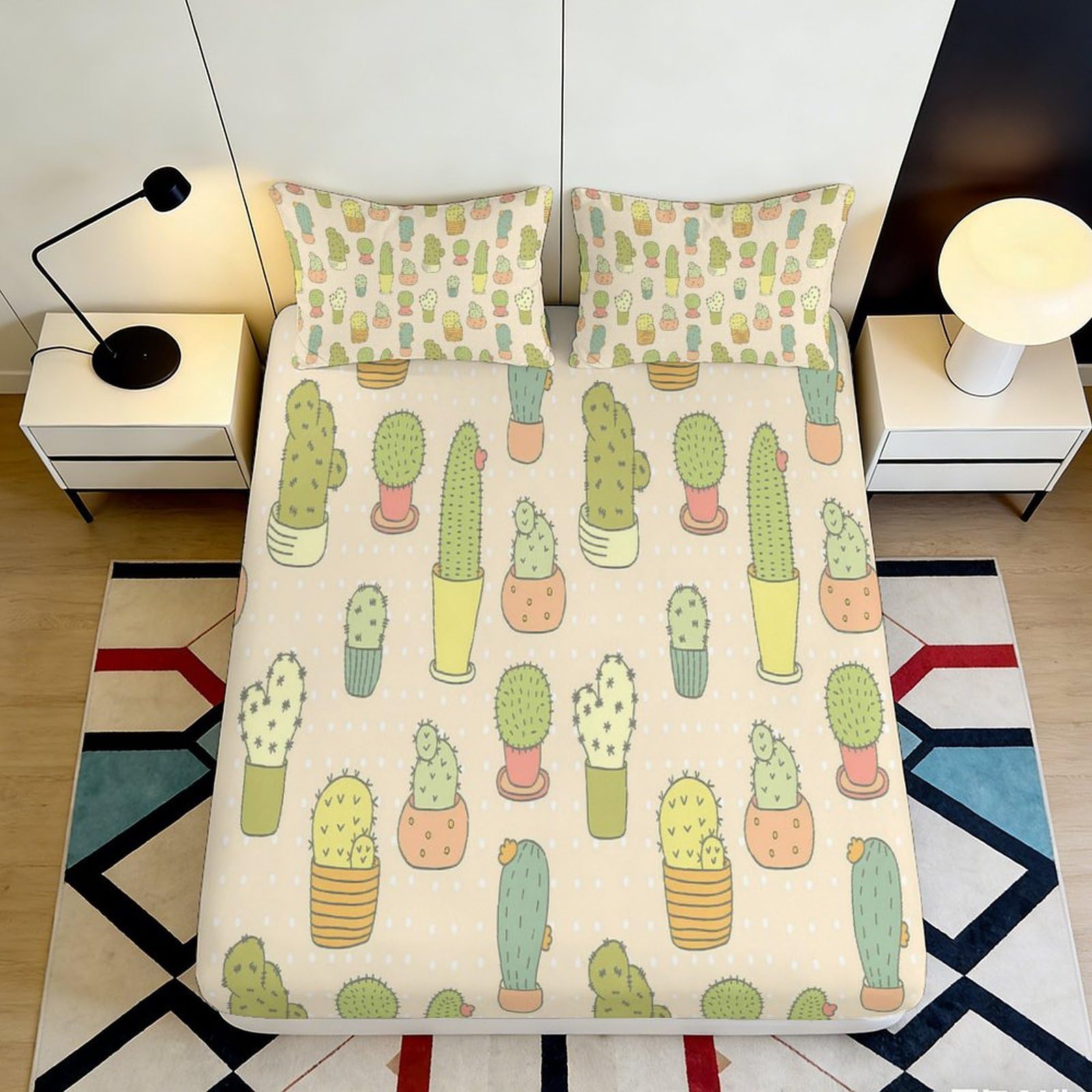 3D Printed Cactus Garden Fitted Sheet Microfiber Soft Breathable Succulent Pot Mattress Cover for Bedroom Dorm Decor 90x200x25cm