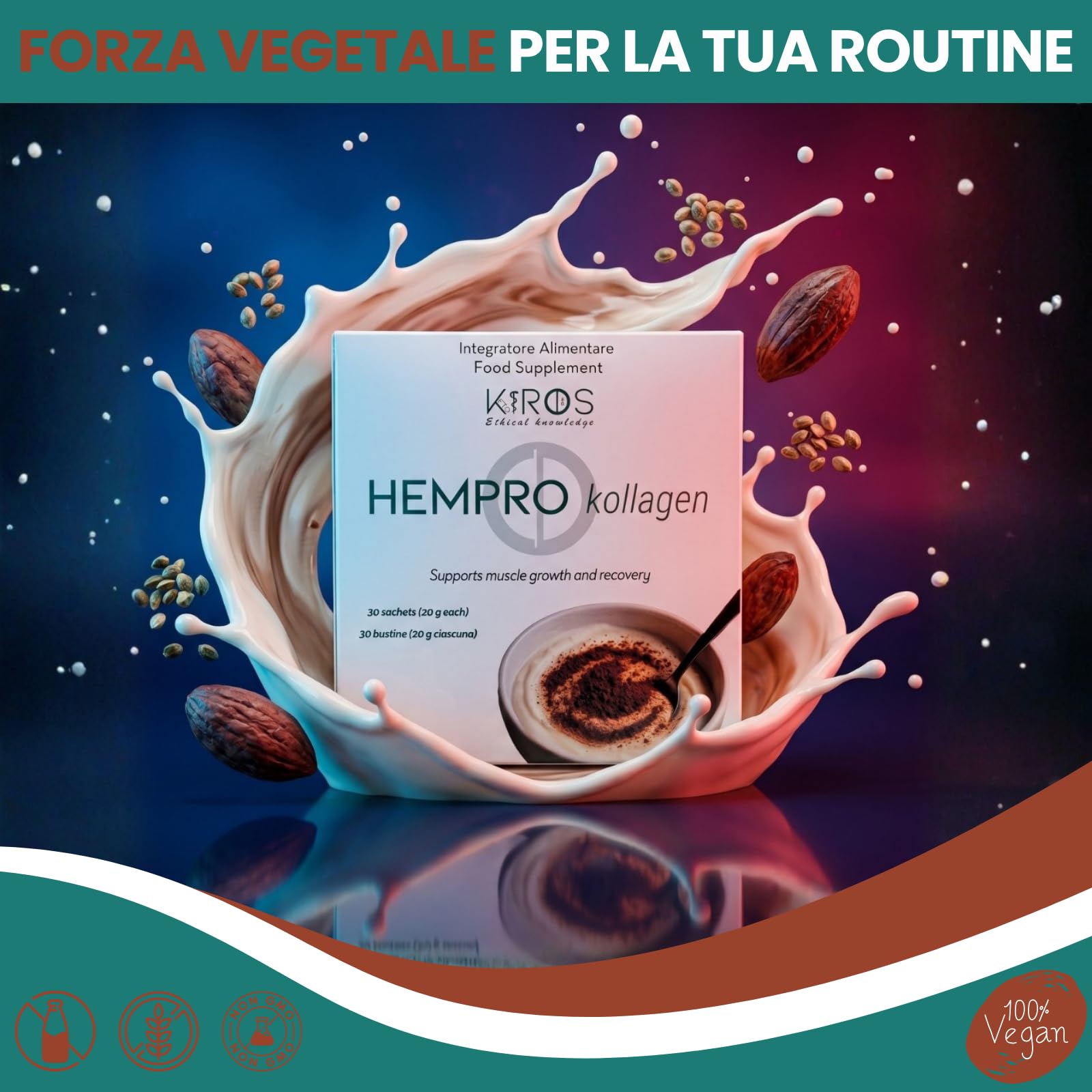 KIROS HEMPRO KOLLAGEN – Proteine Vegetali di Canapa - Gusto Cacao | Integratore con aggiunta di L-Prolina, L-Idrossiprolina, Vitamina C e MSM ed OPC – Vegan - 30 Bustine da 20g