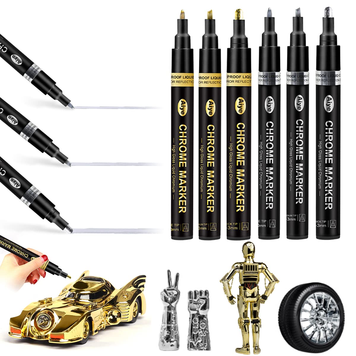 6pcs Liquid Chrome Marker Silver&Golden DIY Mirror Reflective Paint Pen, Quick Dry Metallic Marking Markers Art Craft Pen 1-3mm for Metal Rock Wood Fabric Glass Canvas Plastic