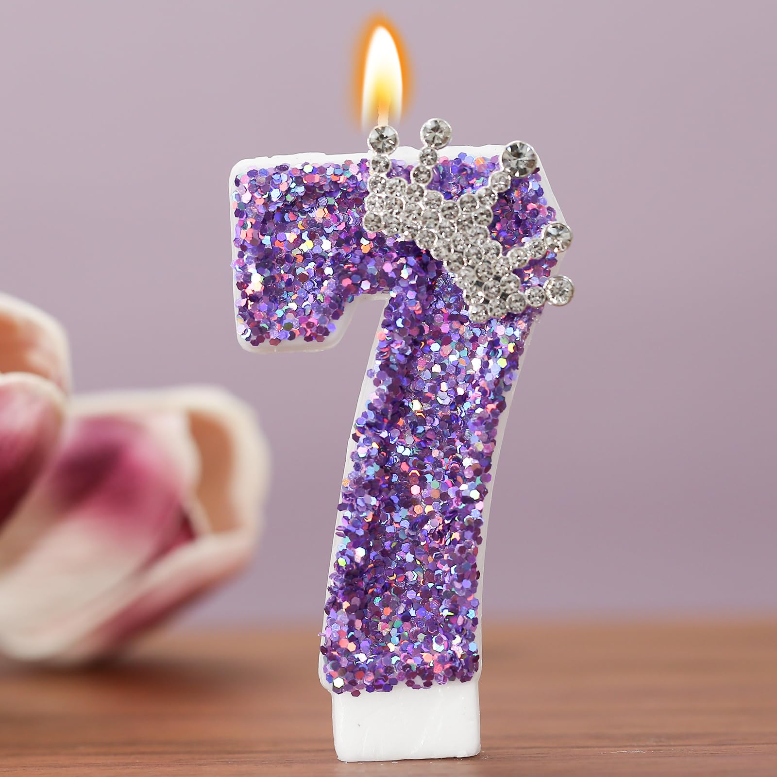 Bougies d'anniversaire en forme de chiffre 1 avec paillettes pour décoration de gâteau, couronne violette (chiffre 7)