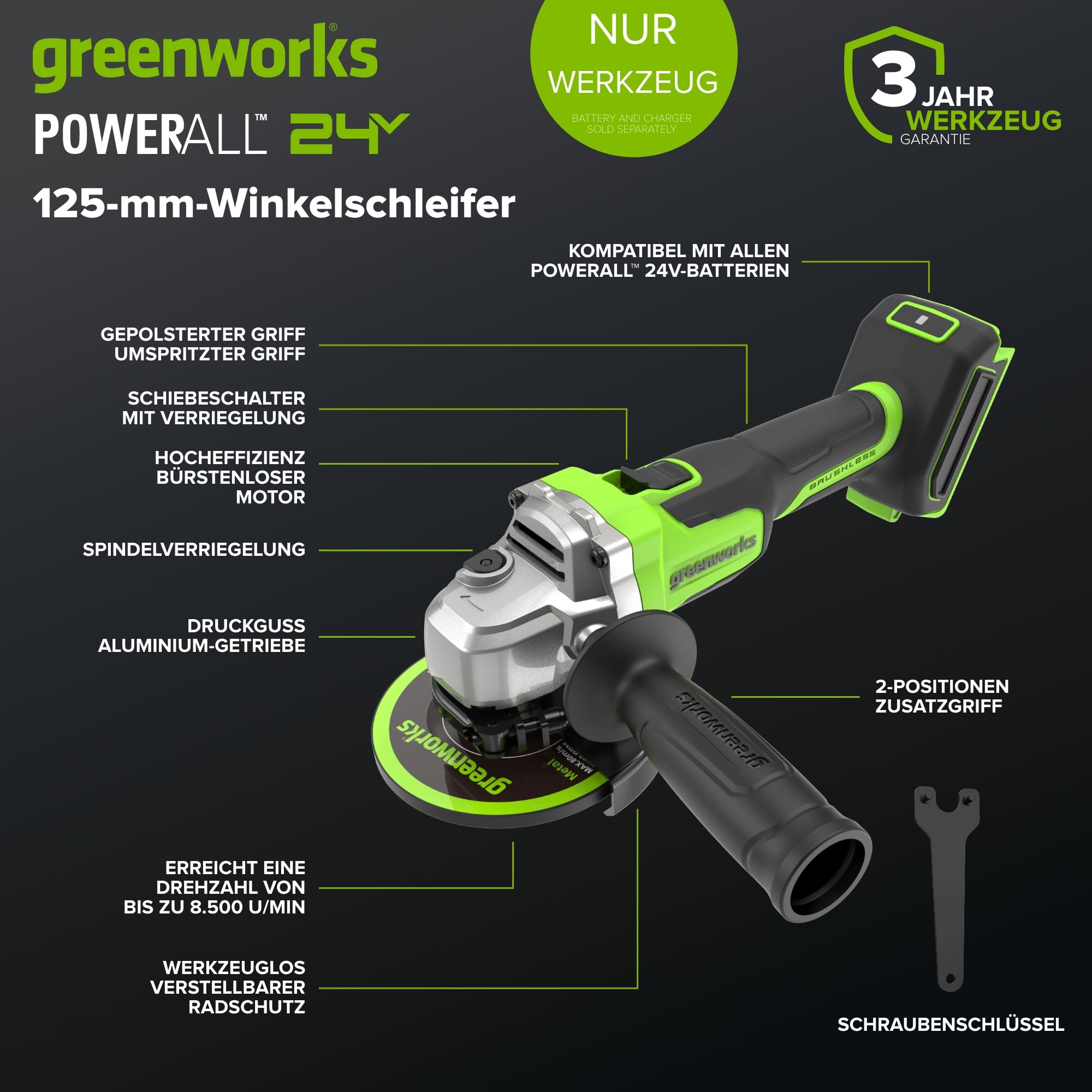 Greenworks Akumulatorowa szlifierka kątowa 24 V 125 mm ostrze tarczowe, 8500 obr./min, 700 W, silnik bezszczotkowy, leworęczny lub praworęczny bez baterii i ładowarki AG370