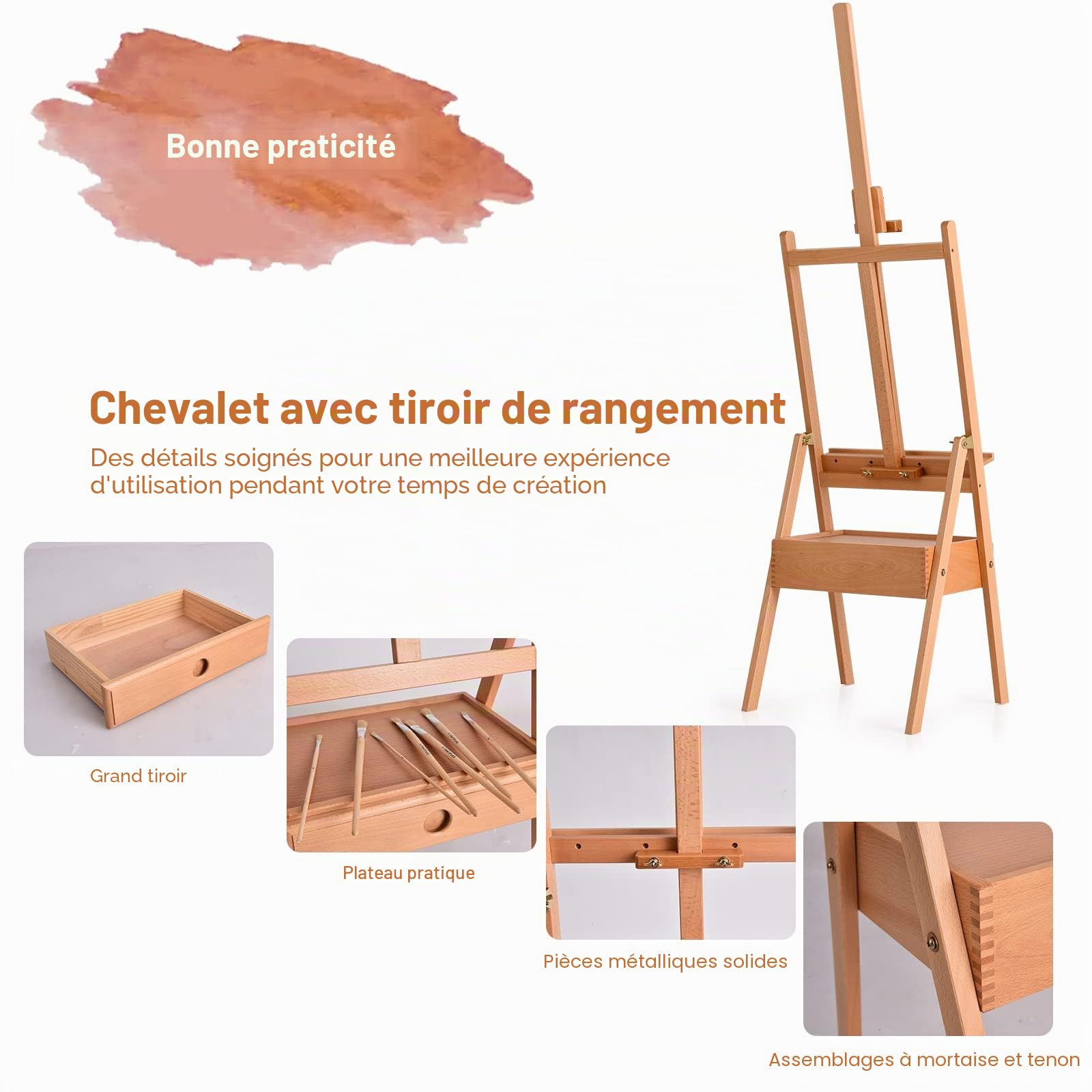LIFEZEAL Chevalet Peinture avec Tiroir, Chevalet en Bois de Hêtre, Hauteur Réglable 43 x 41,5 x 157-200 CM, Chevalet Tableau d’Artiste sur Pied, Naturel