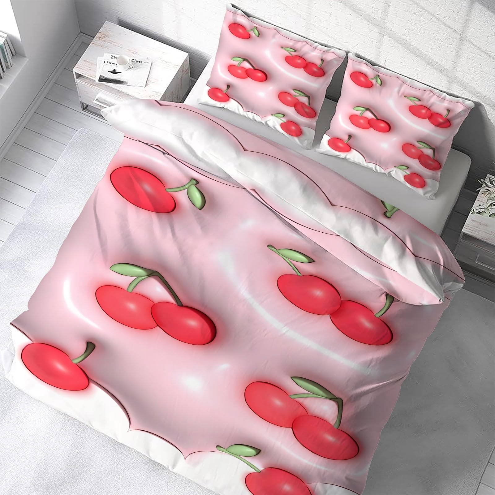 Red Cherry King Size poszewka na kołdrę, różowa pościel, poszewka na kołdrę z mikrofibry. Miękka i luksusowa, zapięcie na zamek błyskawiczny, odpowiednia dla nastolatków i dorosłych AN773