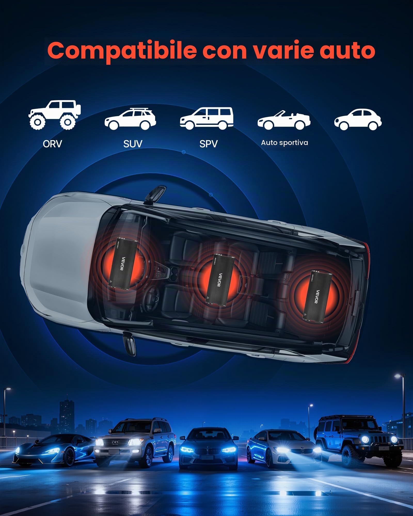 VEVOR Amplificatore Audio per Auto a 5 Canali Potenza a Ponte di Classe D max. 4x100 W a 4 Ohm/4x 200 W a 2 Ohm+1x1000 W a 2 Ohm / 1x500 W a 4 Ohm, Amplificatore per Veicoli Multicanale