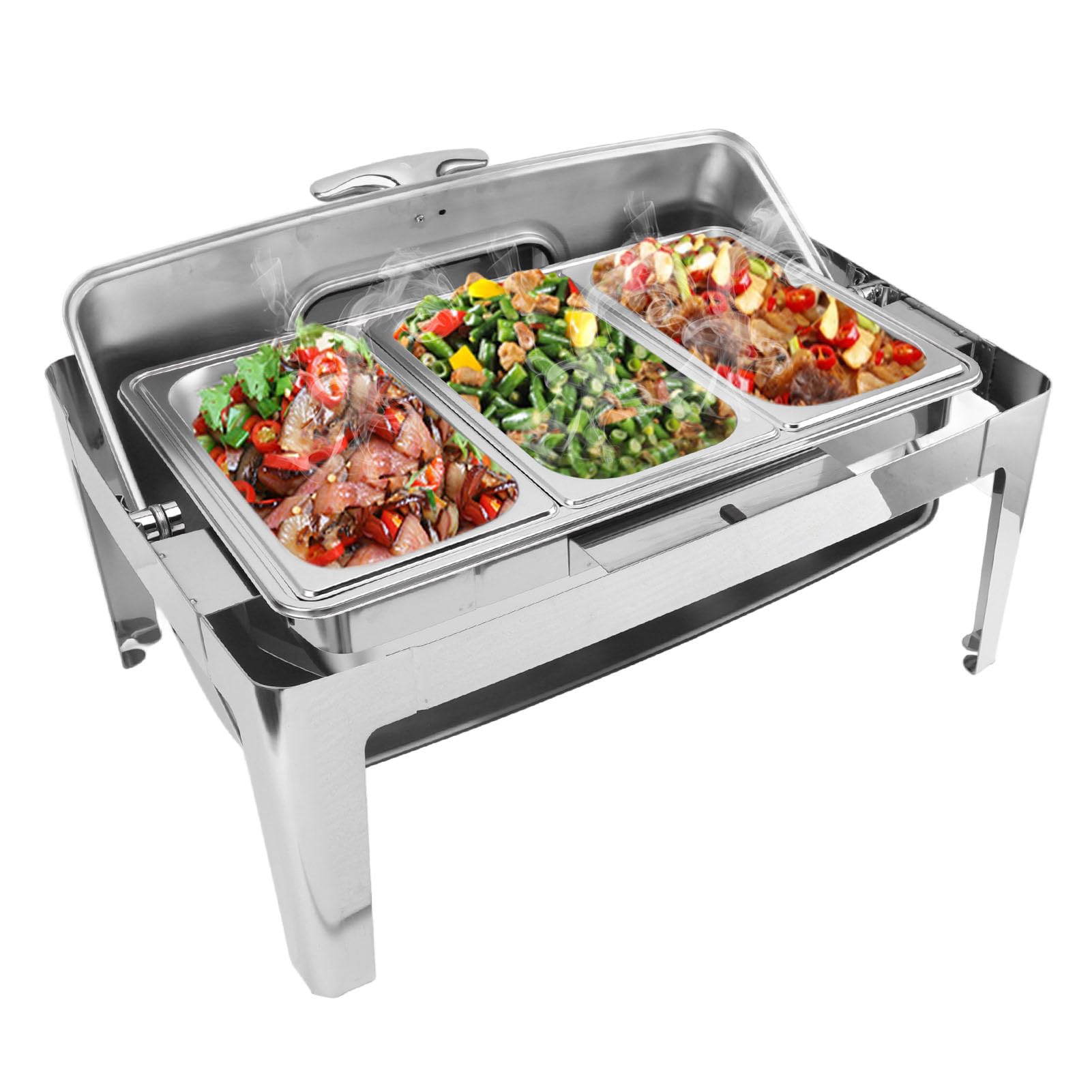 Qcwwy Chafing Dish, Diseño de Tapa de Vidrio Transparente Buffet Calentador de Alimentos Marco de Acero Inoxidable Chafing Dish Eléctrico Fácil Limpieza Chafing Dish Buffet Set (3