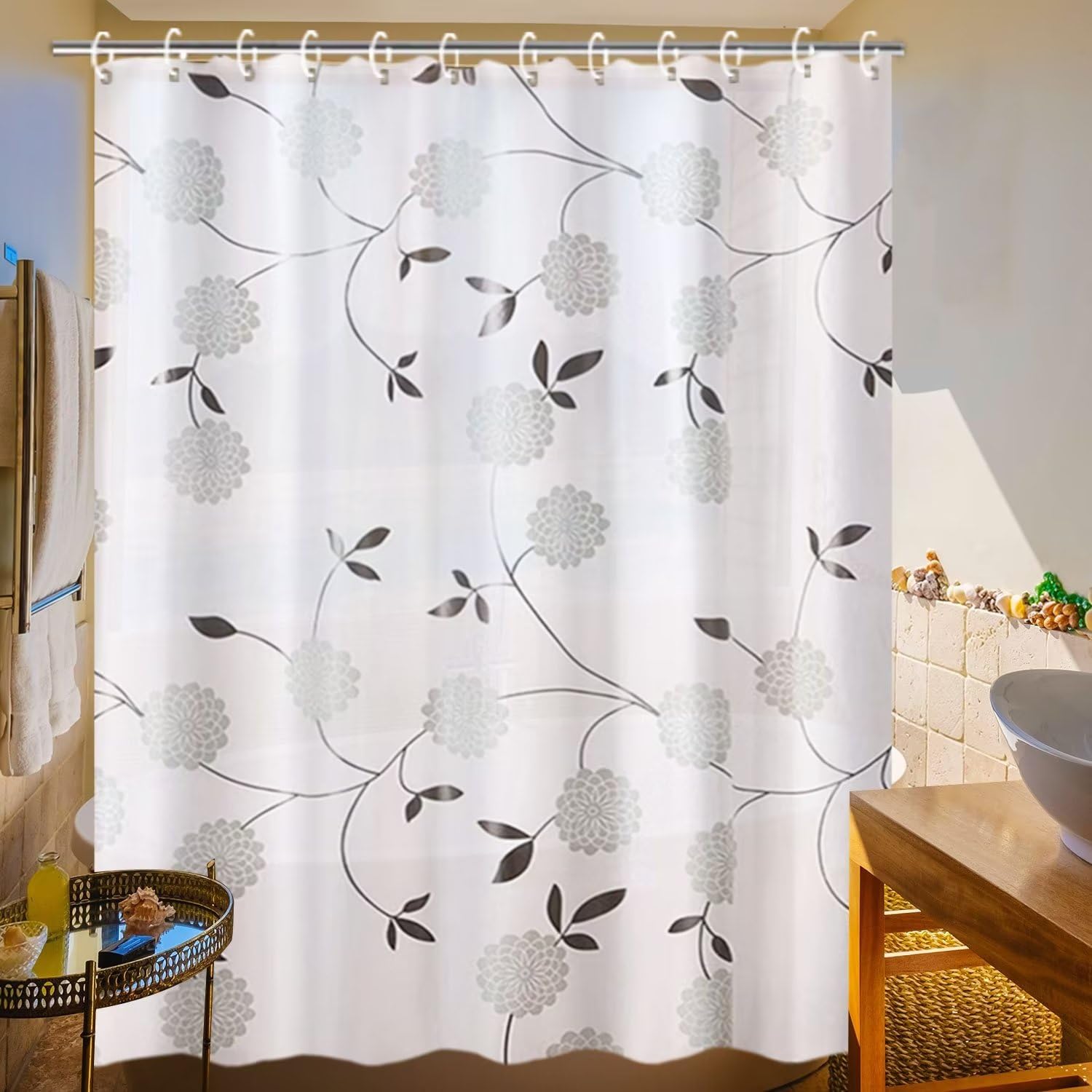 LIVILAN Tenda Da Doccia In Tessuto Con 12 Ganci: Modello Foglie, 70.8 X 70.8 Pollici, Idrorepellente