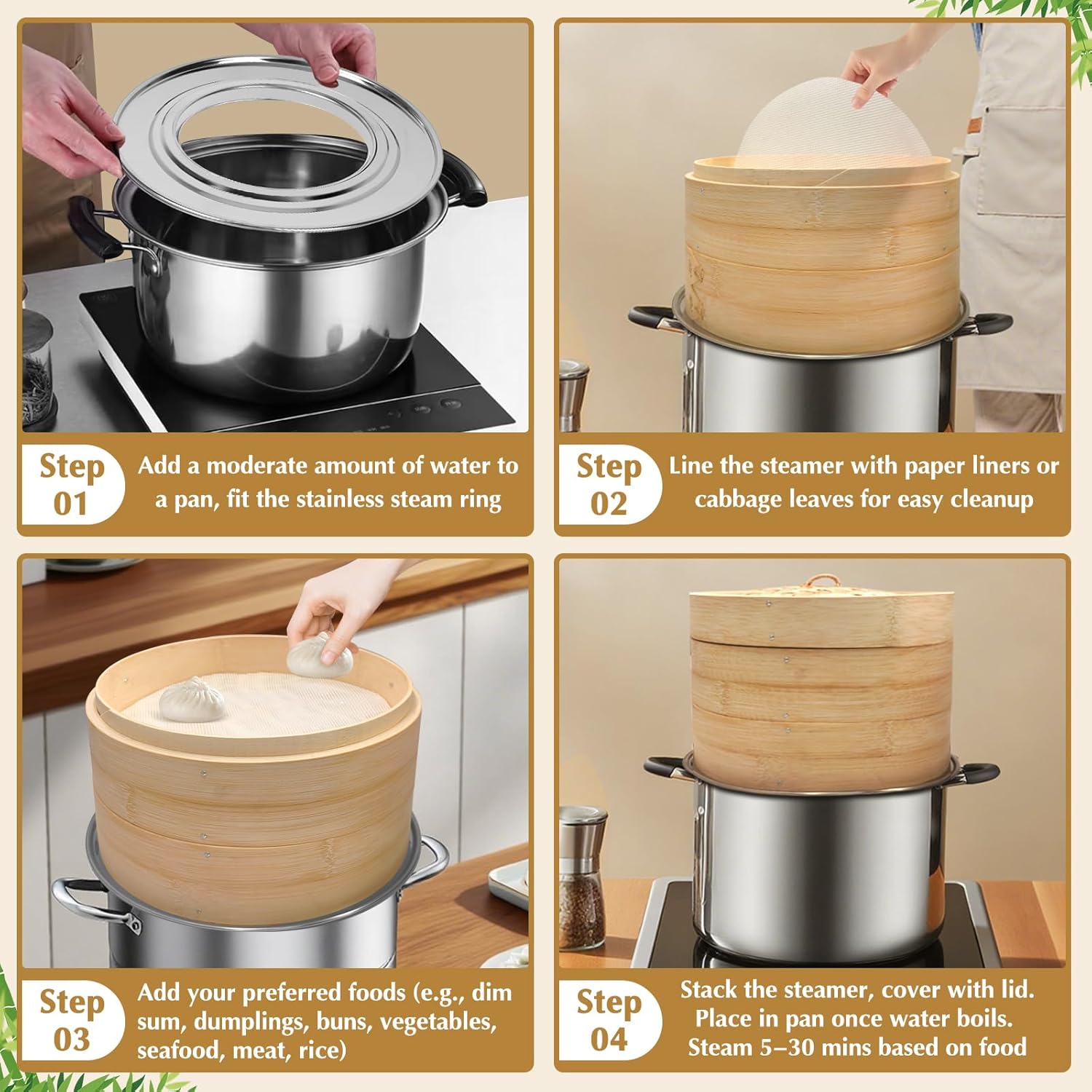 Bamboo Steamer 2 Tier 10-Inch Steaming Basket, Bun Vegetable Steam, Dumpling Steamer Bamboo Steam Basket, Chopsticks, Reusable Silicone Liner, Ring Adapter, for Chinese Asian Cuisine - Image 4