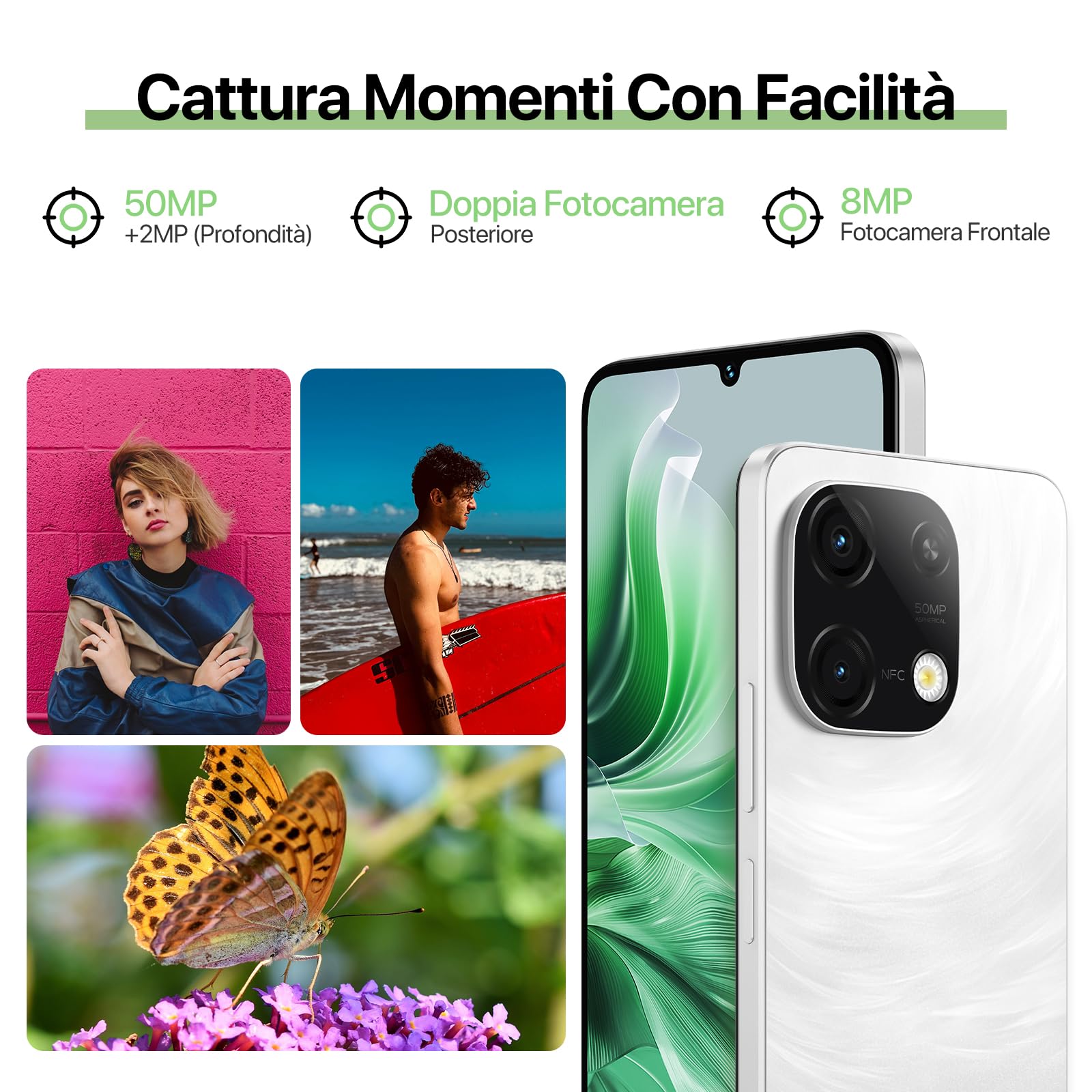 UMIDIGI G9C Android 14 NFC Telefono Cellulare (2024),12(6+6)+128GB,50MP+8MP,90Hz,5000mAh,Bluetooth 5.4,Processore MTK Helio G36,6.75” Smartphone 4G Doppia SIM/Sblocco Facciale/GPS/OTG-Bianco