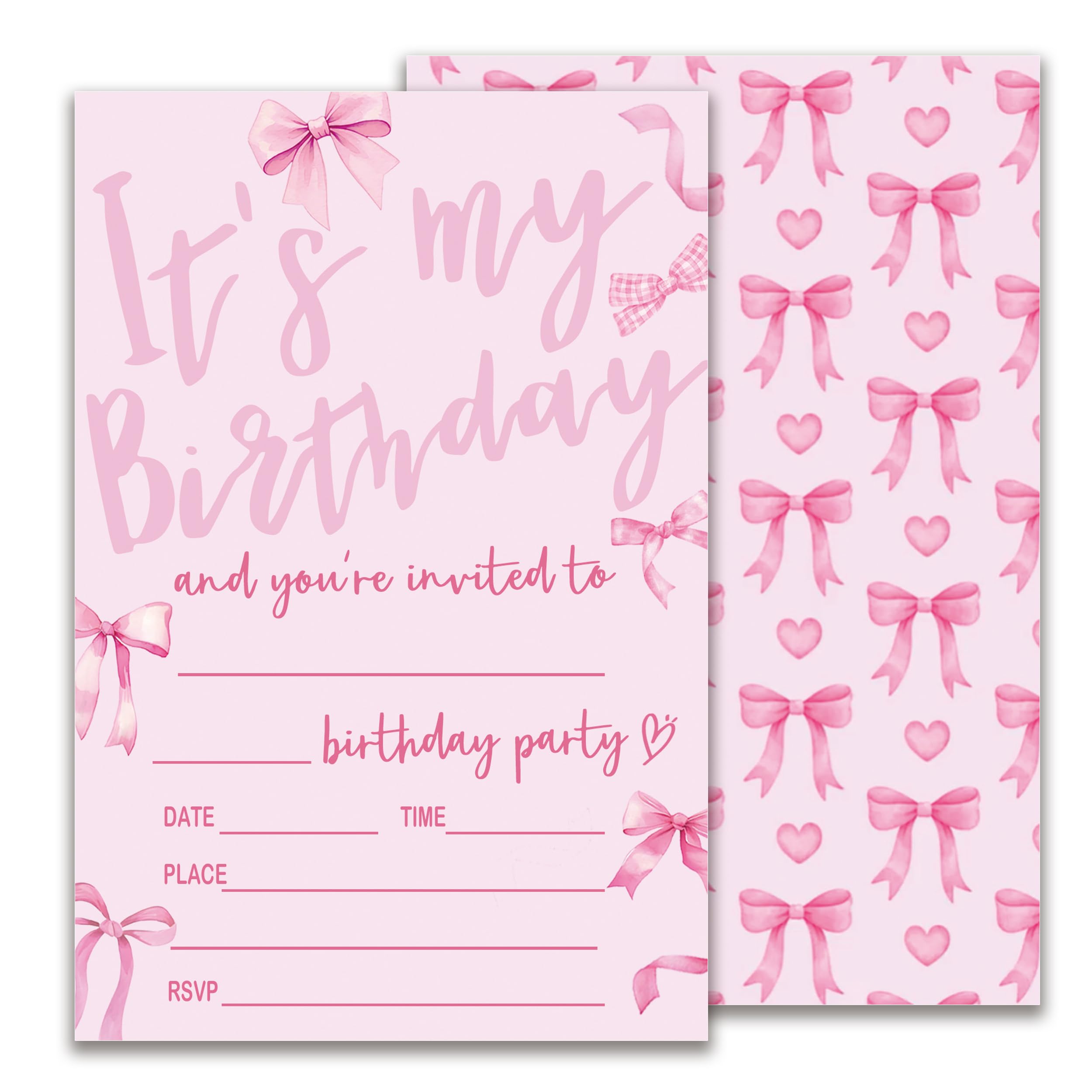 Pink Bow Birthday Invitation, It's My Birthday Party, Girls Party Invite, Retro Bday Invitation Cards, 20 Pink Double-Sided Fill In Invite Cards with Envelopes, Birthday Party Decorations 4x6 Inch-B08