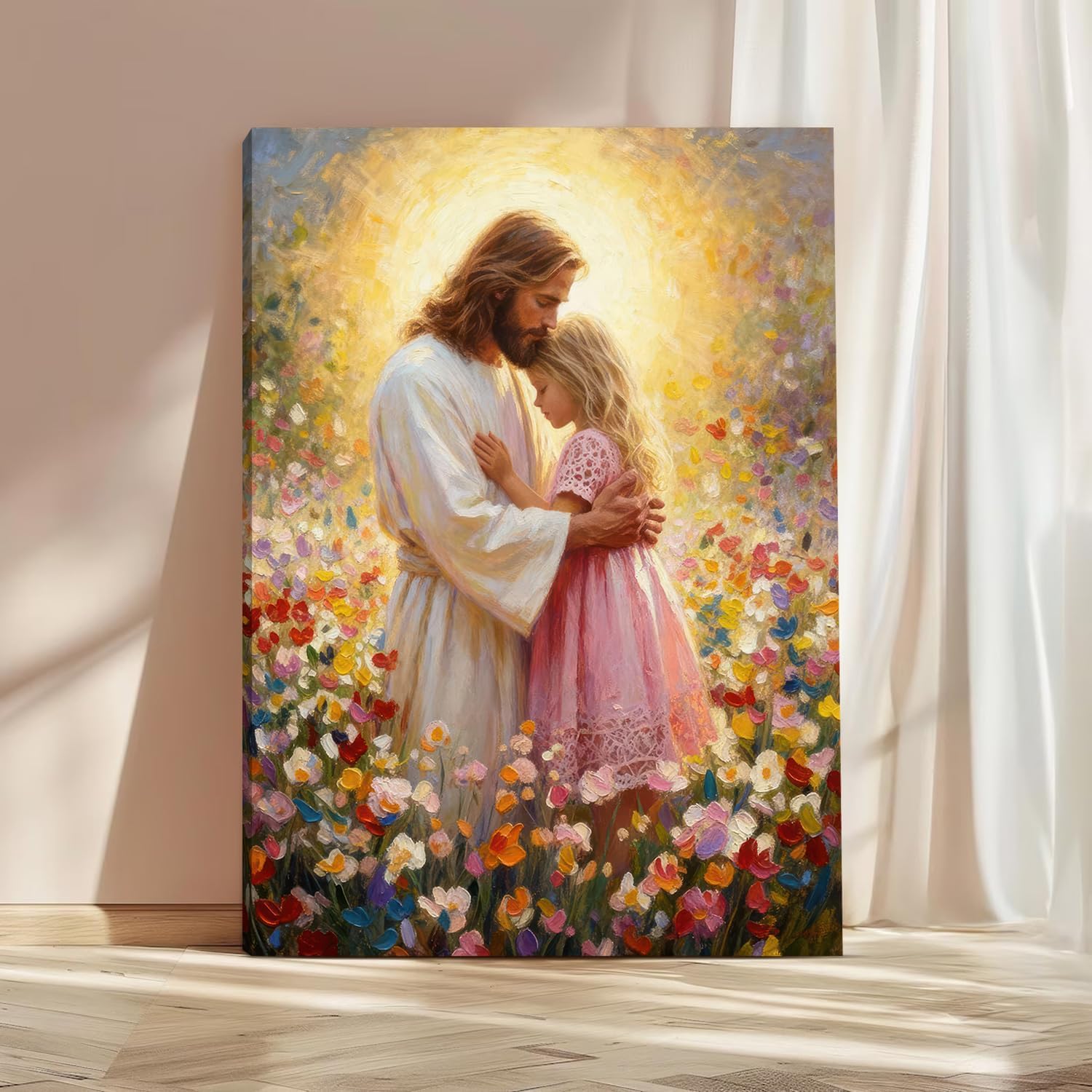 Jesus with Little Girl Canvas Wall Art Jesus Hugging Girl Wall Decor Bible Story Pictures Christian Religious Poster Prints for Children's Bedroom Prayer Study Room 24x36in Ready to Hang