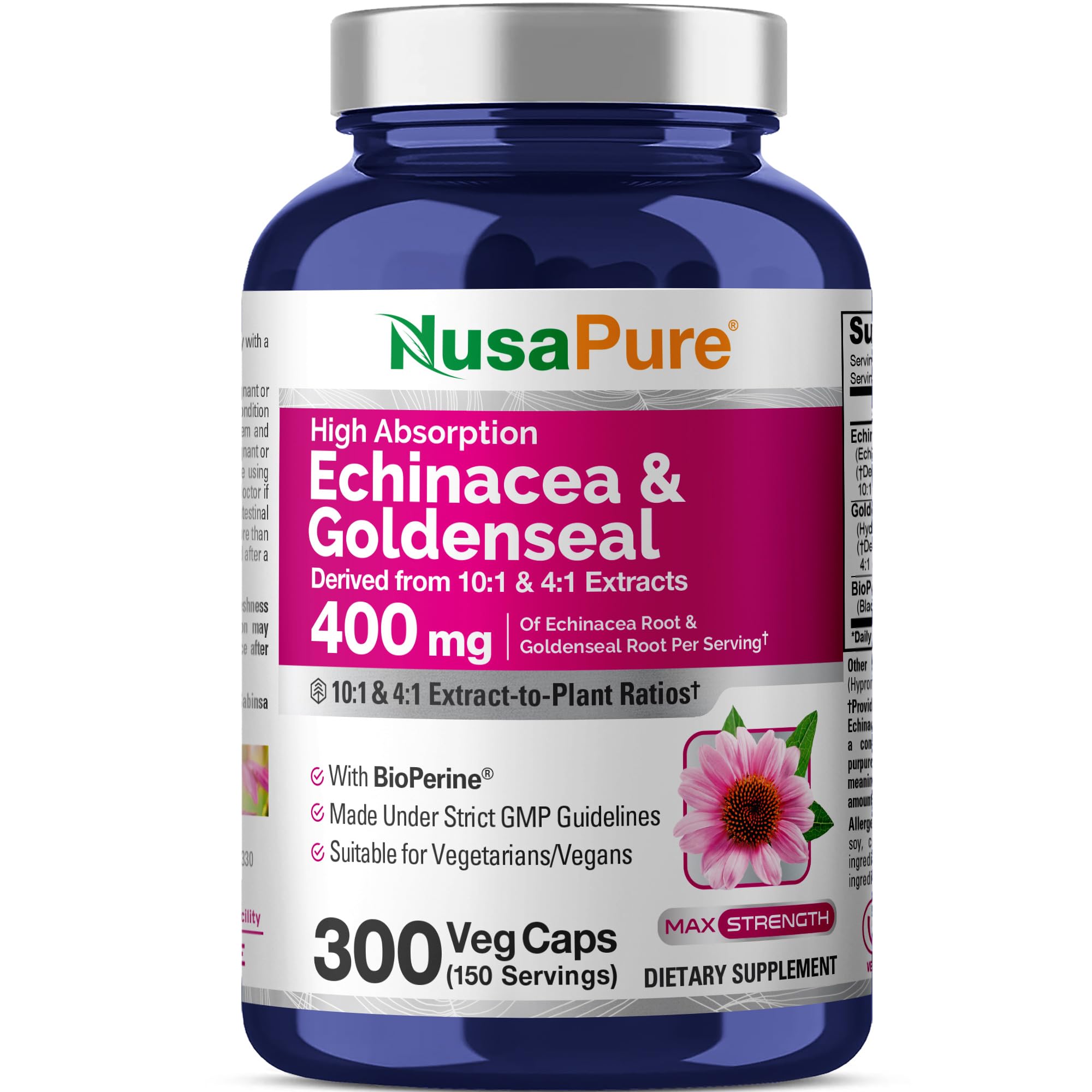 NusaPure Echinacea Goldenseal Capsules, 400mg. 300 Veg Capsules (Non-GMO, Vegan)