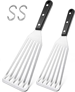 Fish Spatula, Herogo 2 Pieces Stainless Steel Fish Turner with ABS Solid Handle, Metal Slotted Spatula Turner for Flipping, Frying and Grilling, Attached S Hooks, Dishwasher Safe (11inch & 12.5inch)
