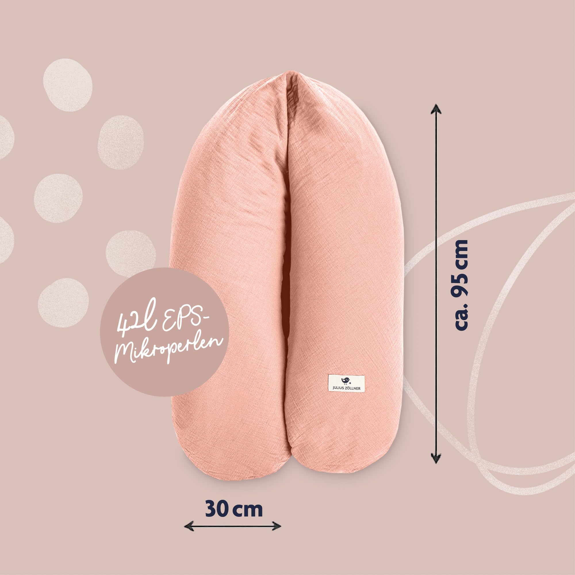 Julius Zöllner Cojín de Lactancia de Muselina, Aprox. 190 cm, Relleno de 42 litros de microperlas EPS, Fabricado en Alemania, Funda de Muselina de algodón 100%, Öko-Tex® Standard 100, Rosa pálido