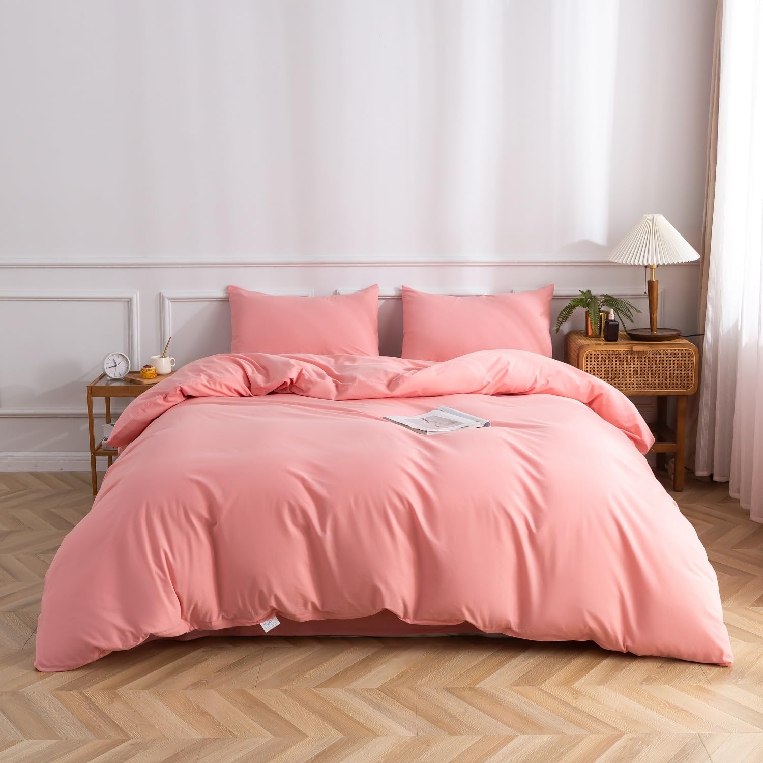 Pink Duvet Cover 100% Washed Cotton Duvet Cover Set, 3 PCs Breathable Soft Bedding Set Linen Textured. Solid Color Pattern Duvet Cover Full Size (80x90 Inch)