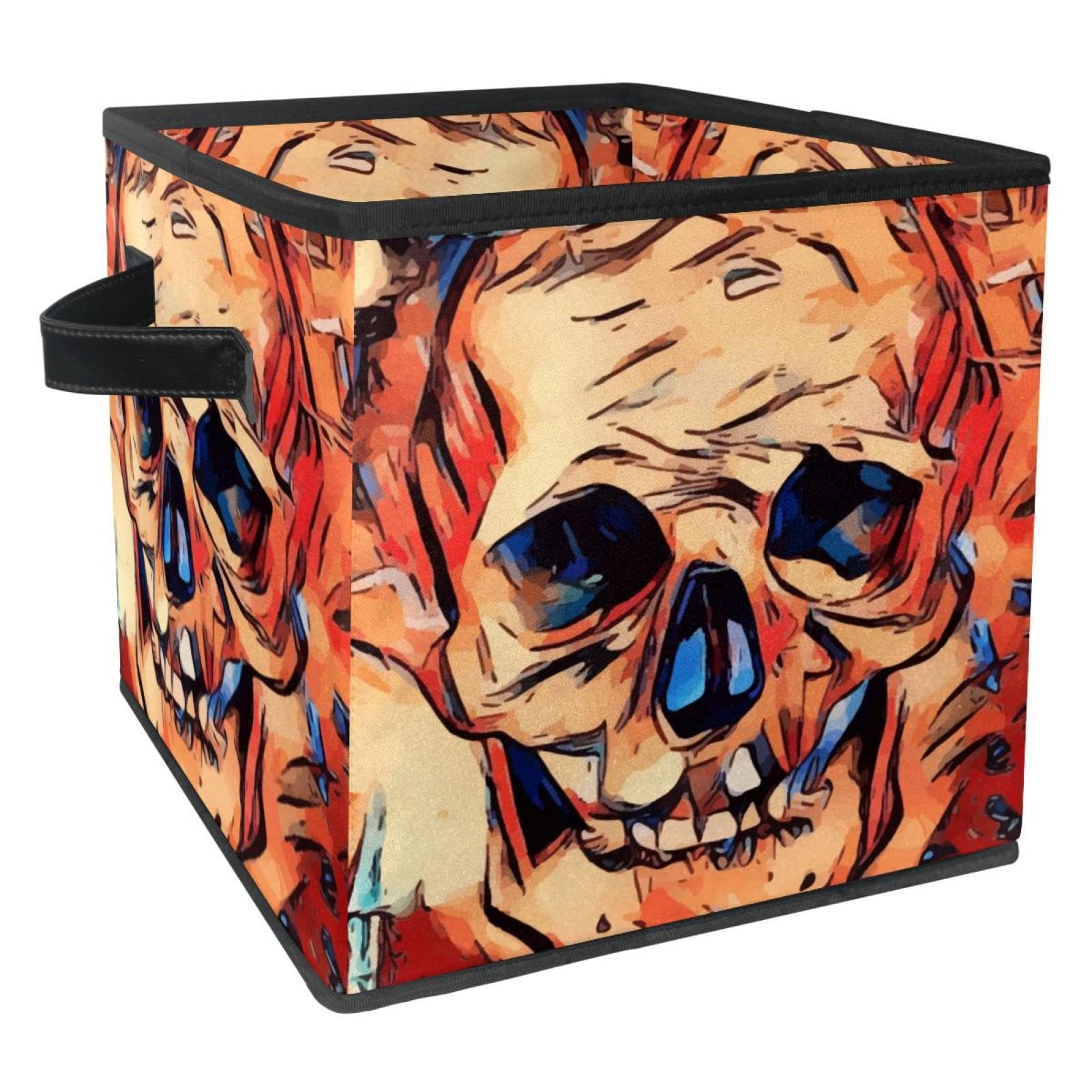 Boîte de rangement pliable avec poignées et motif tête de mort en tissu rigide