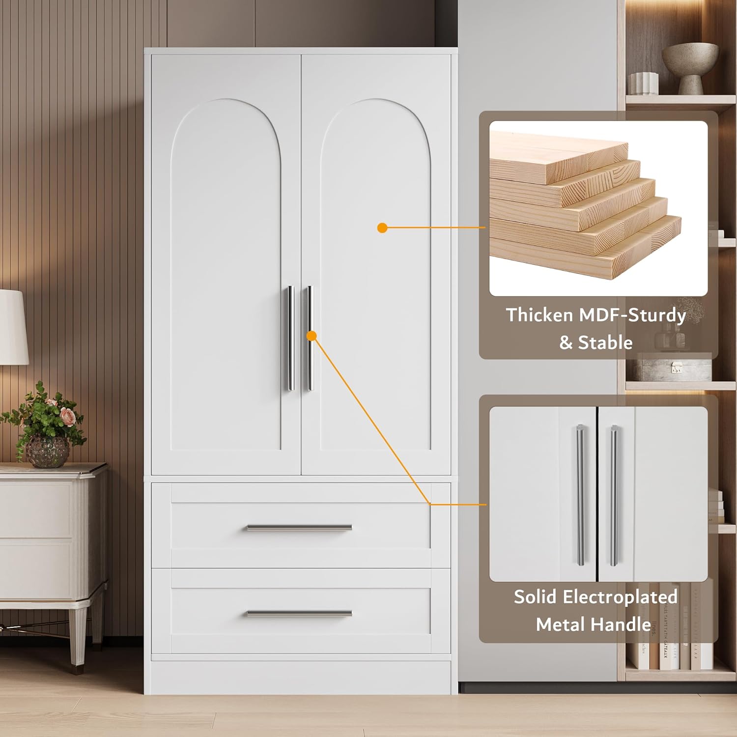 Front view of the iPormis Armoire Wardrobe Closet, highlighting its thick MDF construction for sturdiness and stability, and solid electroplated metal handles for durability.