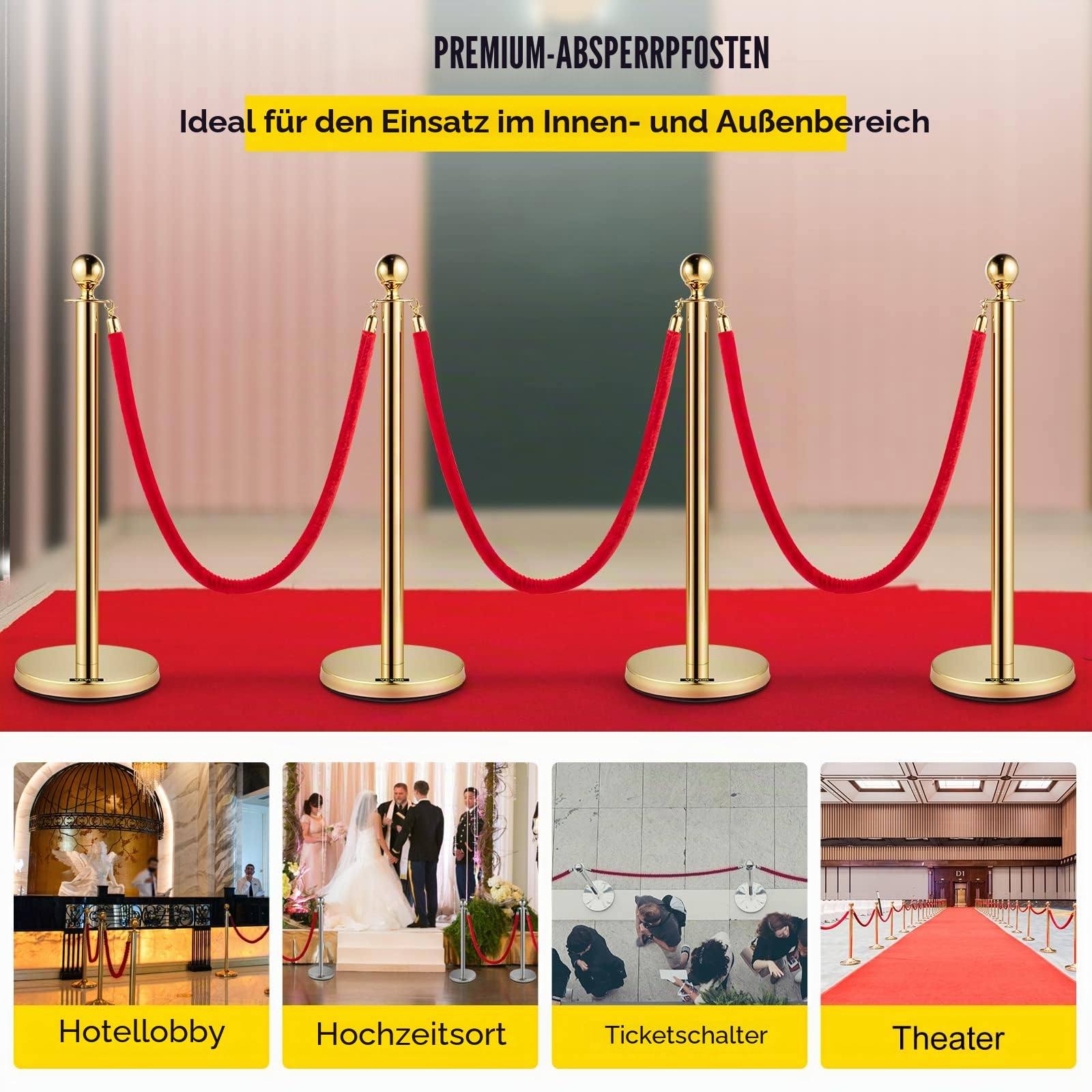 Mophorn Ausziehbarer Klebebandhalter, 4 Set, Sicherheitsbarrieren mit 3 Saiten, Seillänge: 1,5 m, goldfarben