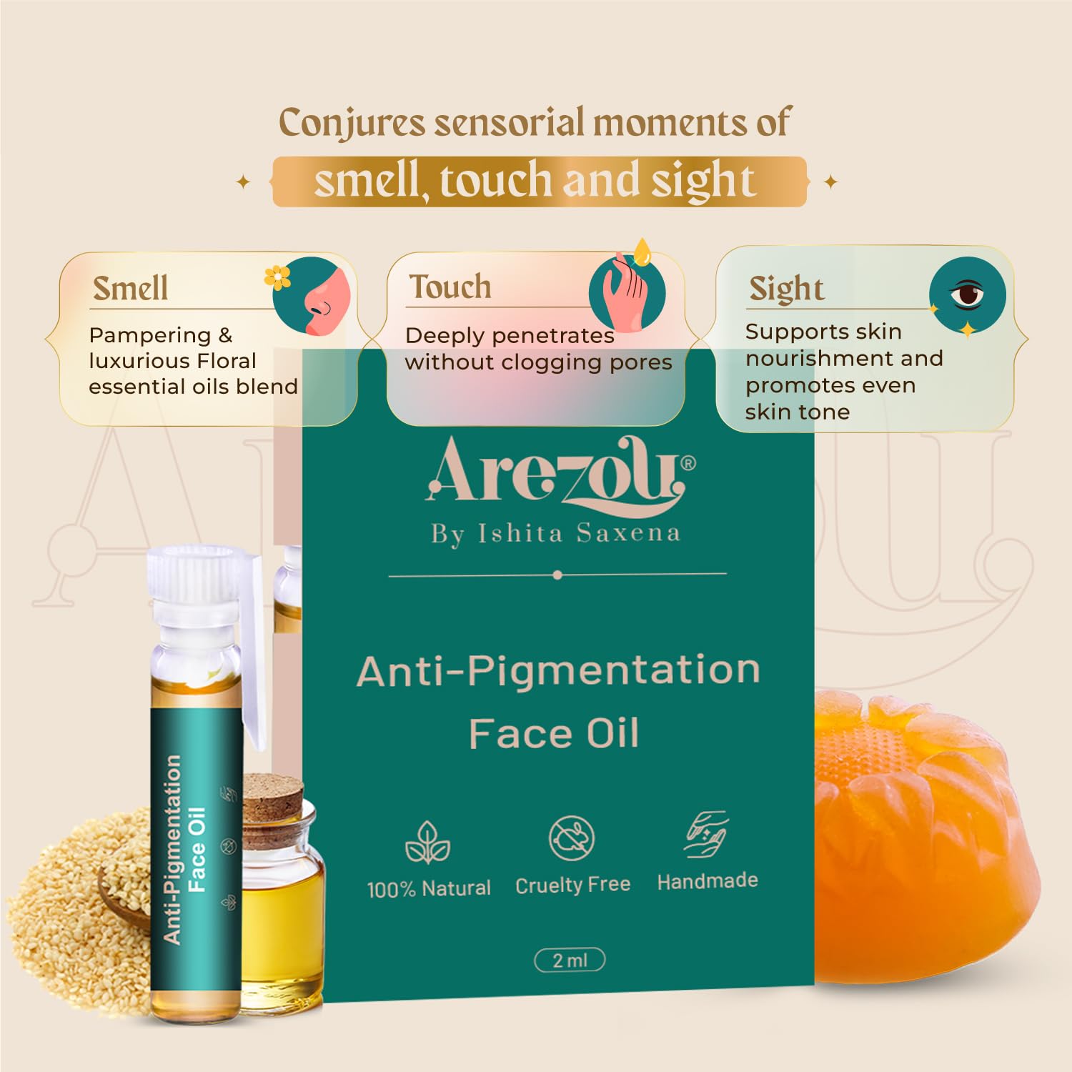 Arezou Anti Pigmentation Brightening Face Oil & Soap Trial Kit| Mini Pack for Dark Spots, Uneven Skin Tone & Hyperpigmentation |For Dry, Mature Skin with Lavender & Sesame Oil(2ml Oil + 25gm Soap) 1