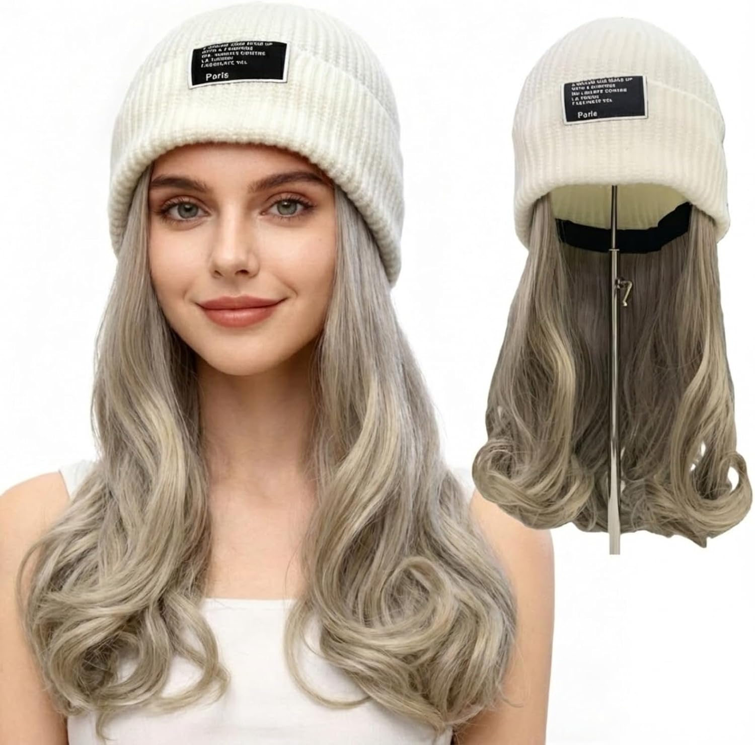 Women's Beanie Wig Hat with Long Wavy Hair - Synthetic 2 in 1 Knit Cap with Hair Extensions for Winter