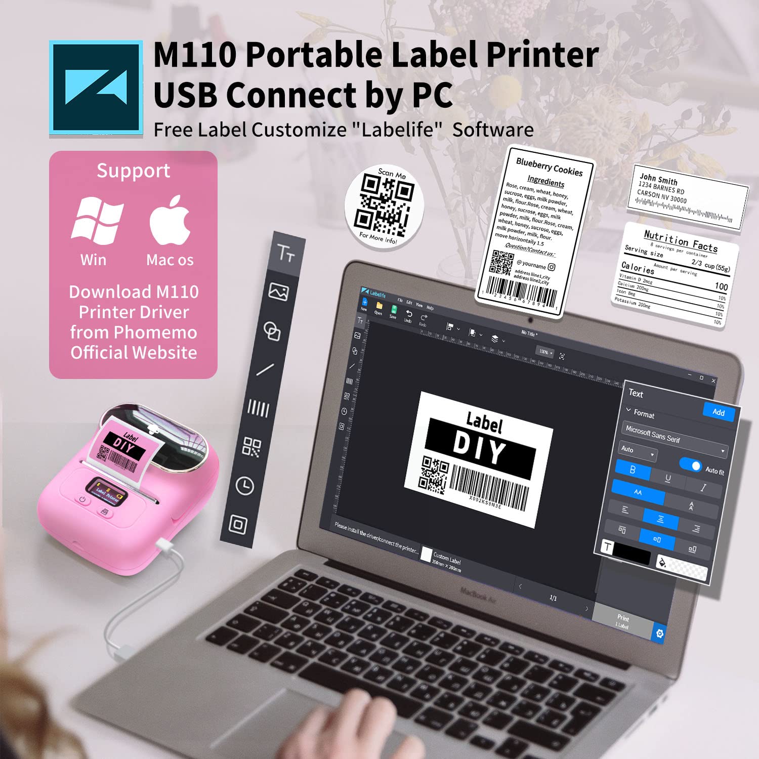 Phomemo M110 Impresora De Etiquetas, Bluetooth Impresora De Etiquetas TéRmica Impresora Etiquetas Autoadhesivas, Compatible Con Android e iOS, Adecuado Para CóDigo De Hogar, Oficina, Comercio, Rosa